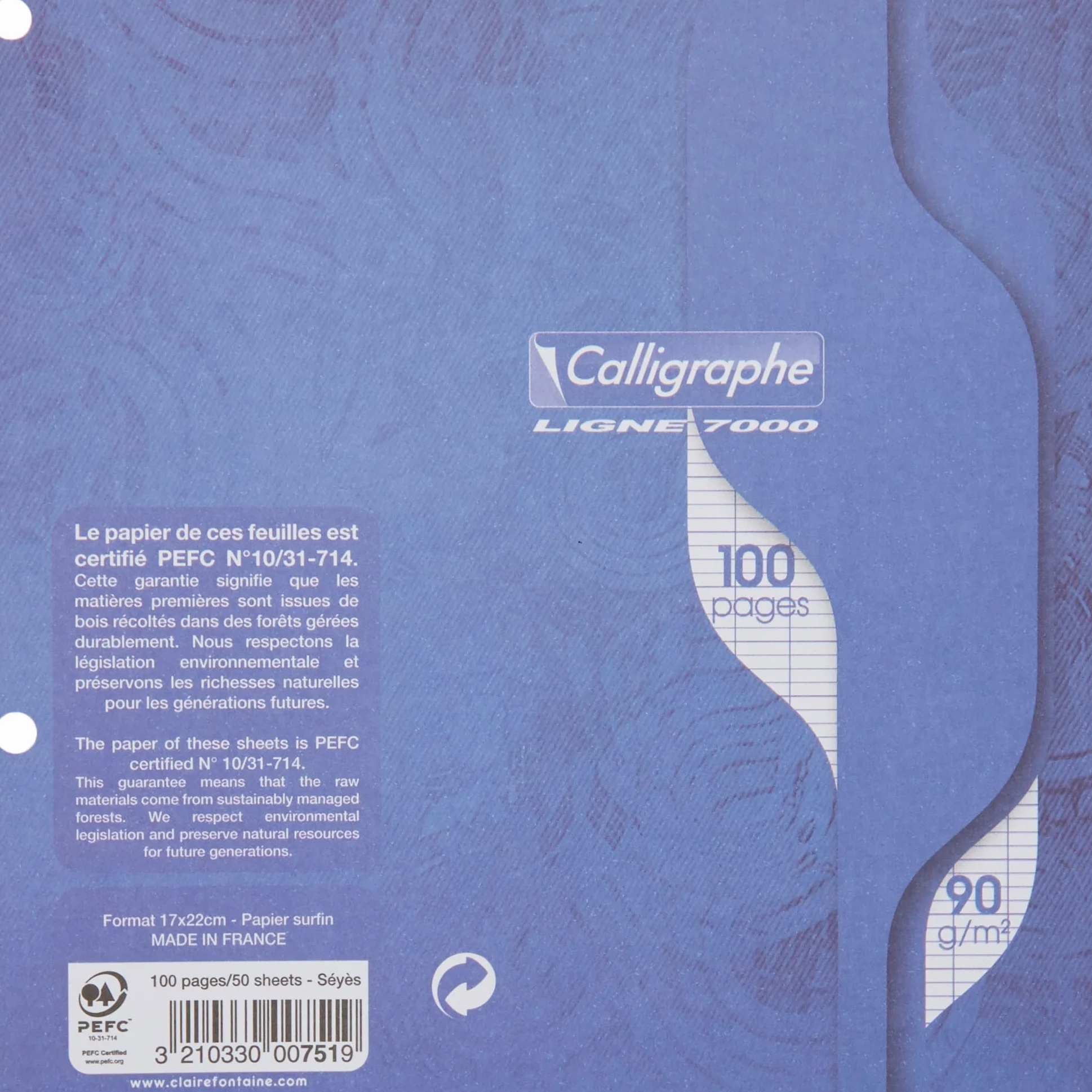 Clairefontaine Calligraphe 751C Feuillets Mobiles Perforés 17x22 cm 100 Pages Grands Carreaux Papier 90 g