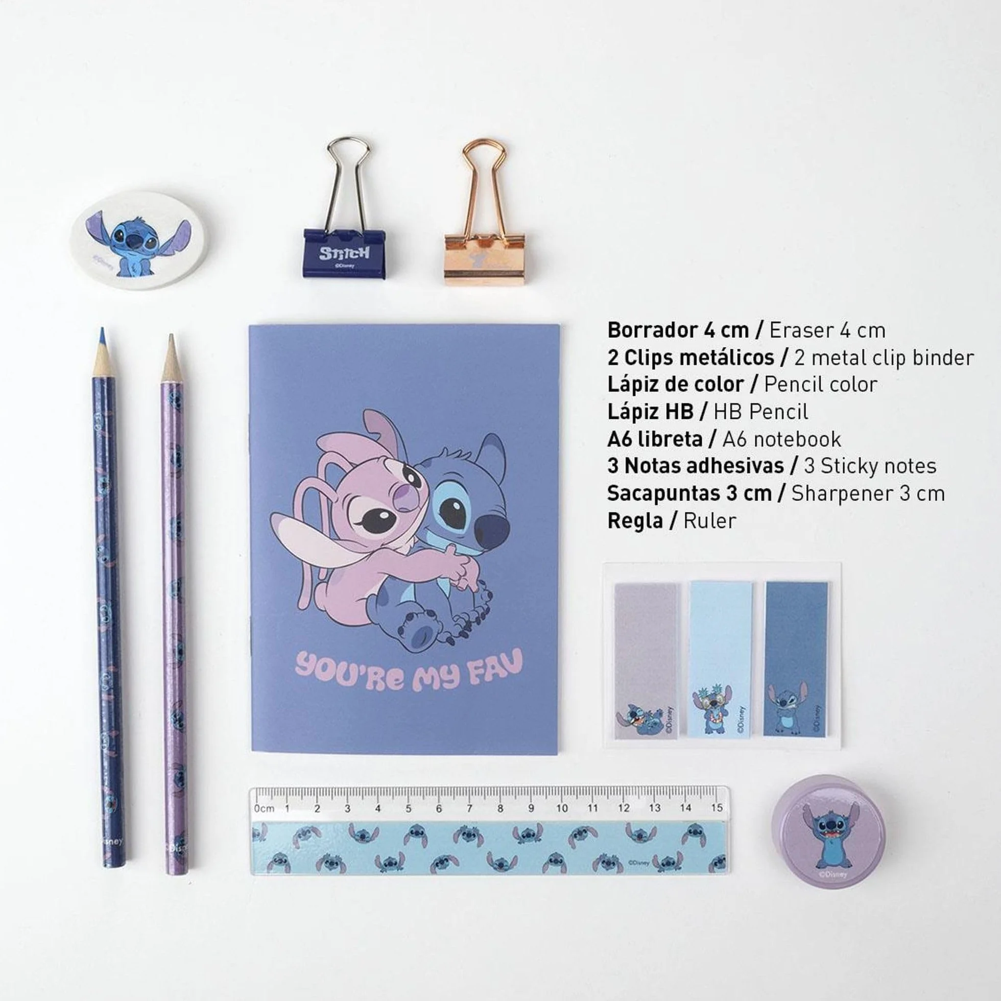 Set Papeterie Stitch Cerdá Life's Little Moments Bleu avec Trousse Cahier Crayon Taille-Crayon Gomme Règle Notes Autocollantes Trombones