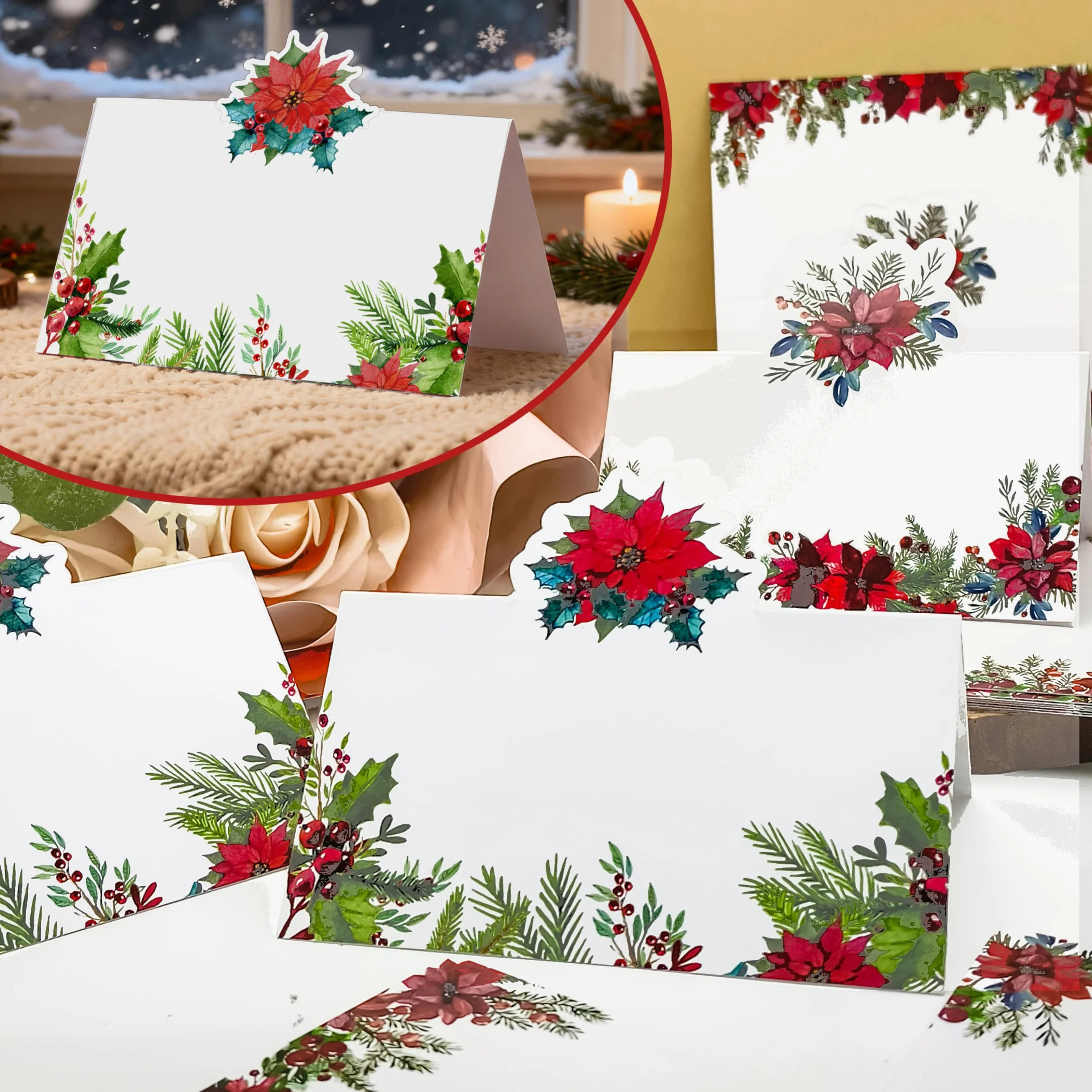 Marque-places de Noël vierges en poinsetta Lot 100 pour décoration de table