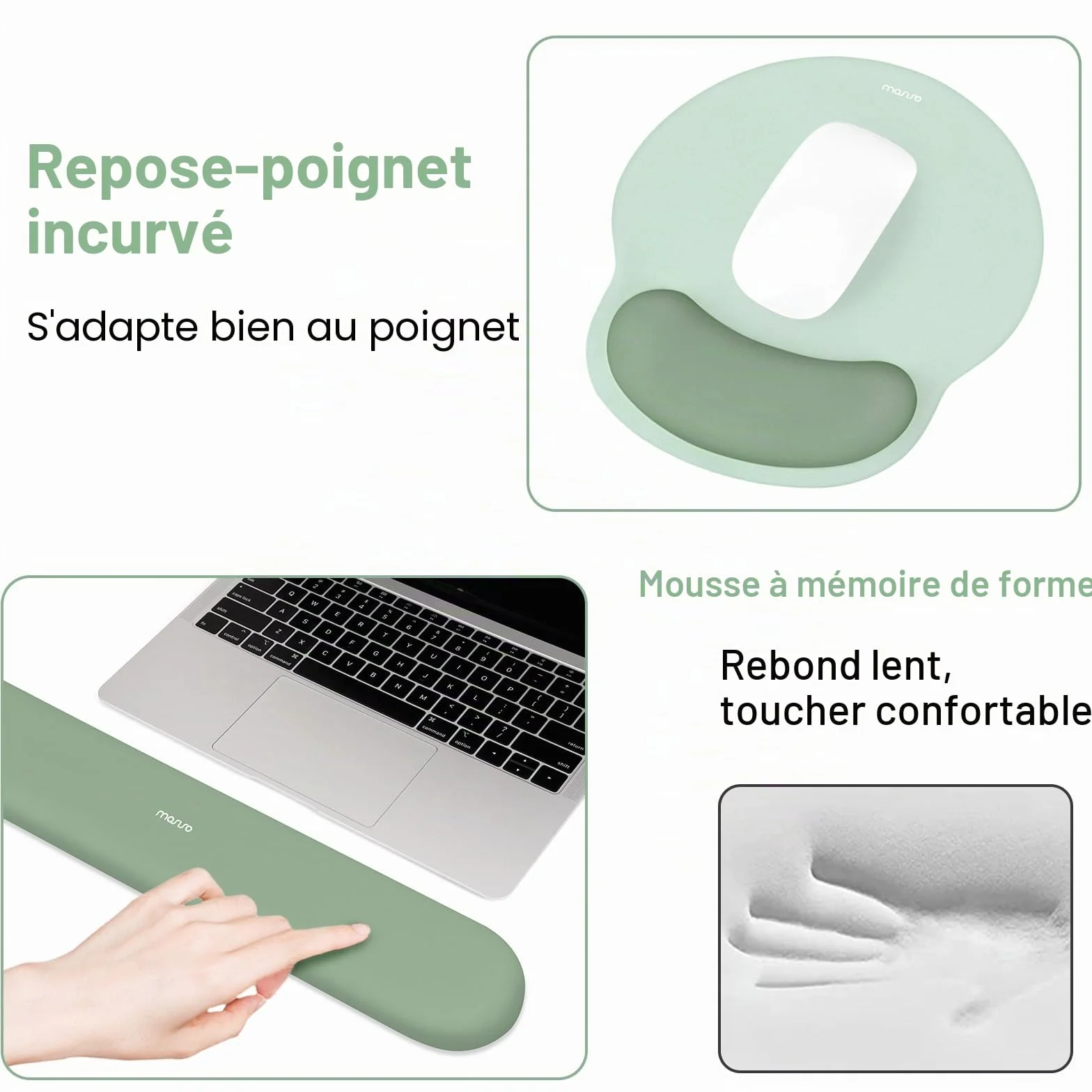 MOSISO Repose-Poignet Souris & Clavier Courbe Circulaire Ergonomique Base Antidérapante Soulagement Douleur Tissu Doux Mousse Mémoire Surélevée Vert Antique