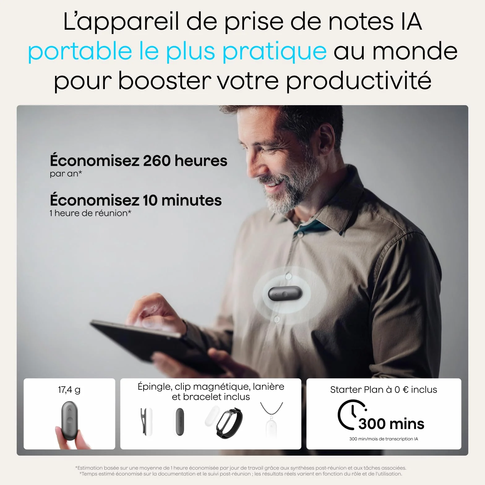 Plaud NotePin S Enregistreur Vocal IA avec Bouton Tactile, Transcription, Résumé IA et Team Plan, Dictaphone Numérique pour Réunions, Gris + 4 Accessoires