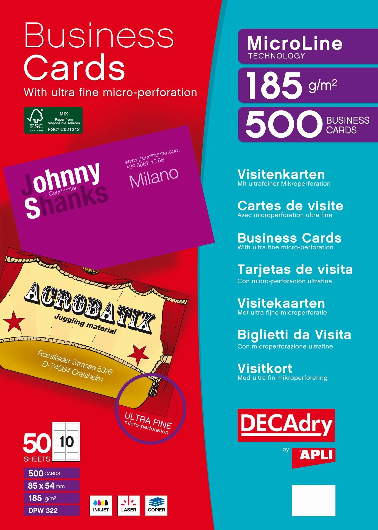 DECAdry DPW-322 wizytówki 85x54 mm 50 arkuszy 500 sztuk