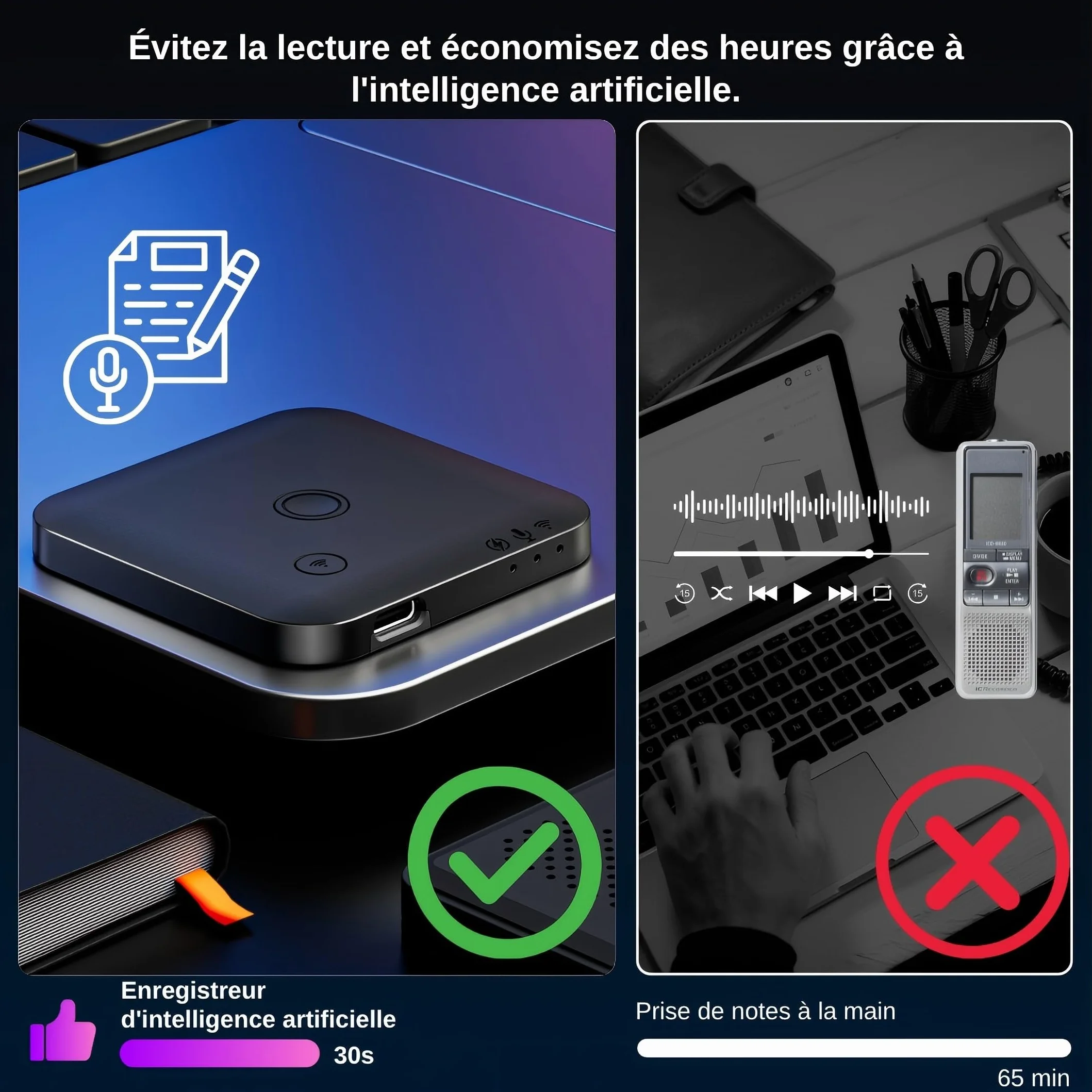 Dictaphone avec transcription AI, enregistreur audio FOCASE REC AI, mini enregistreur vocal 64 Go noir