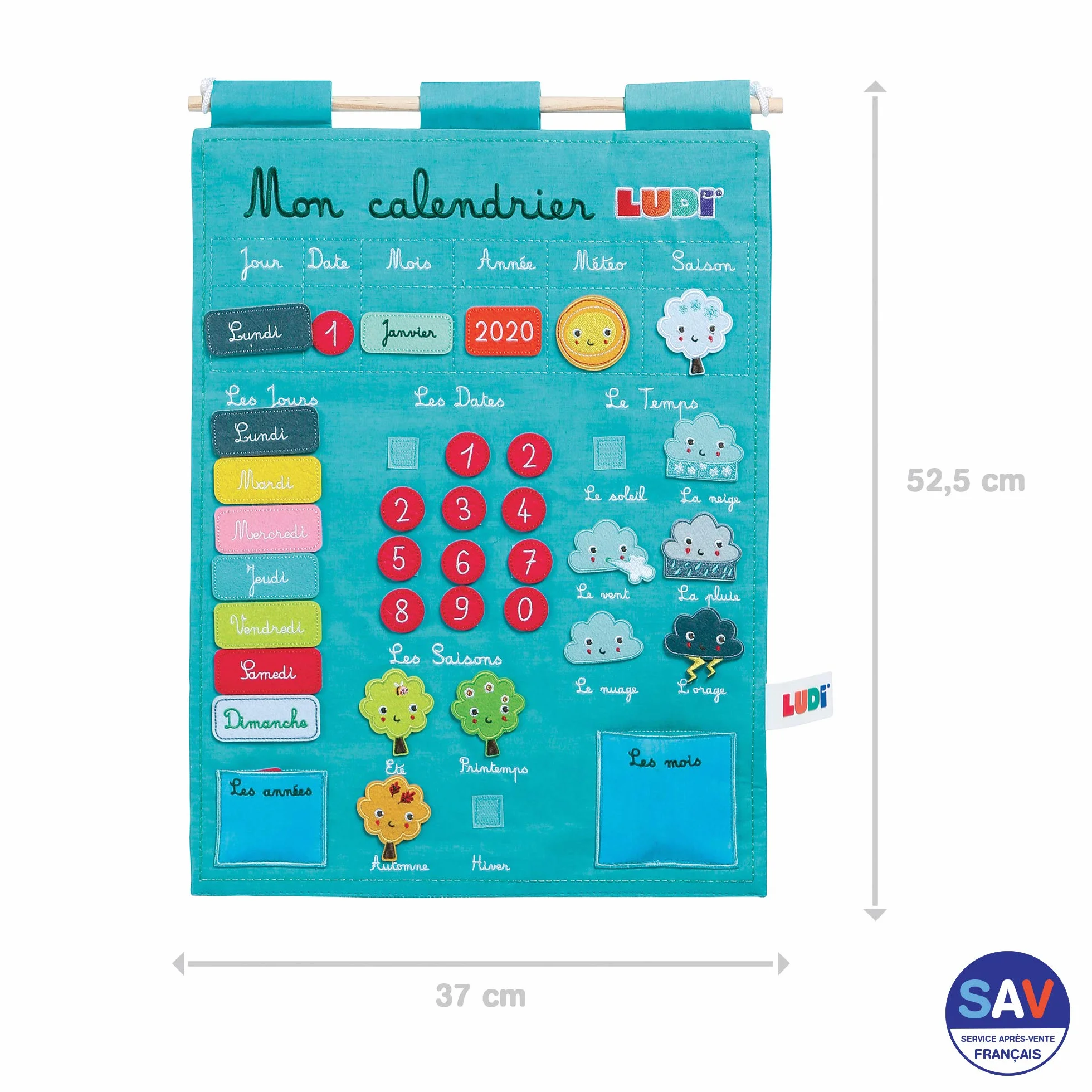 LUDI Calendrier éducatif bleu en tissu brodé 45 étiquettes amovibles à scratch 40 x 53 cm dès 3 ans
