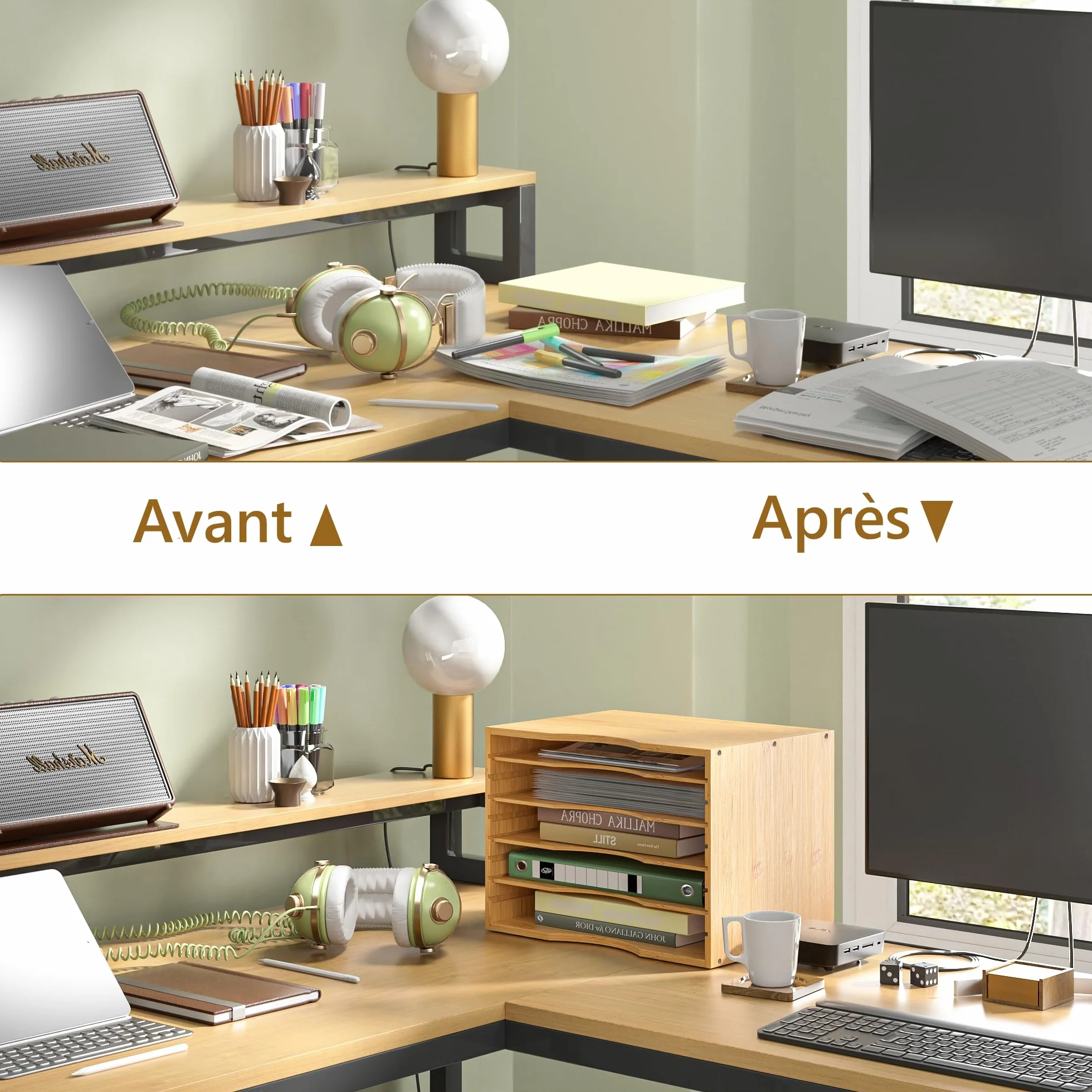 FOREHILL Organisateur de Bureau en Bambou 5 Couches Rangement Documents 36x25x26cm