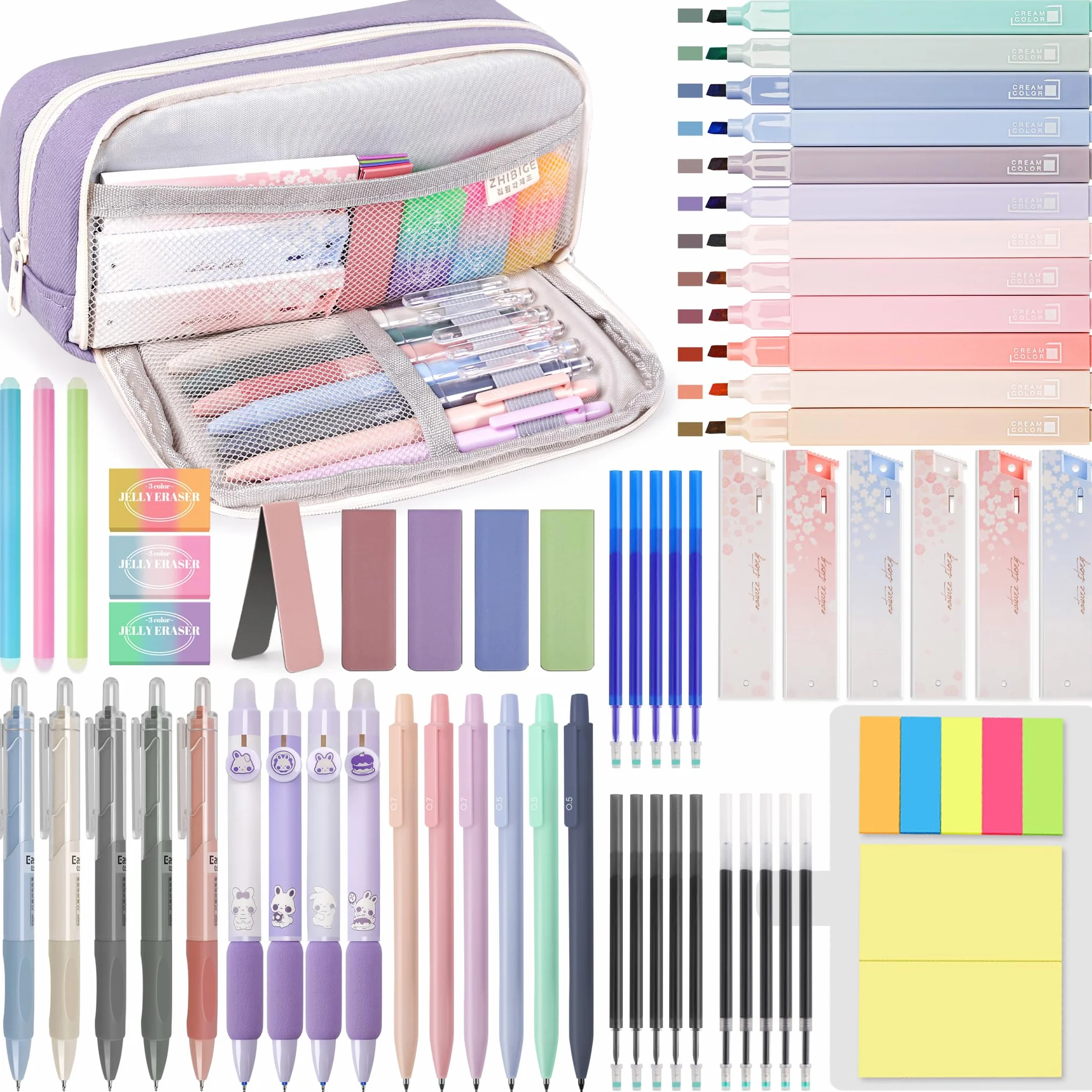 DazSpirit Lot de 61 Fournitures Scolaires Esthétiques avec Trousses, Surligneur Pastel, Stylos Effaçables, Stylos Gel, Porte Mine 0.5 mm et 0.7 mm, Violet