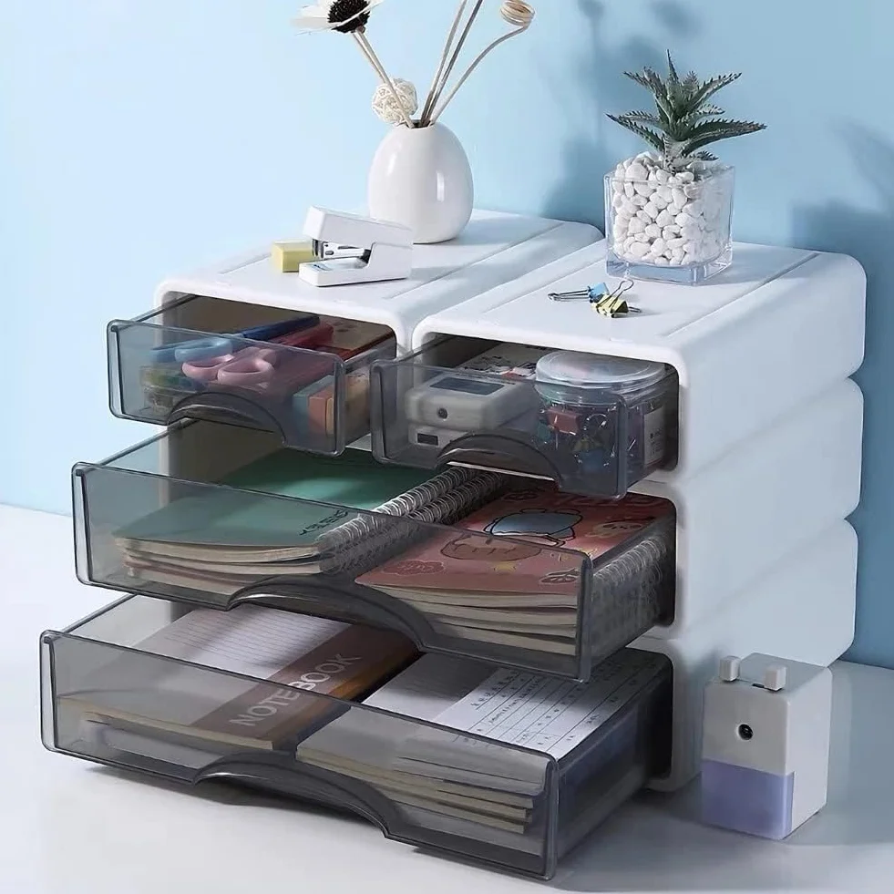 Lot de 4 organiseurs de bureau empilables - Boîte de rangement pour tiroir stylos agrafeuse notes adhésives A4