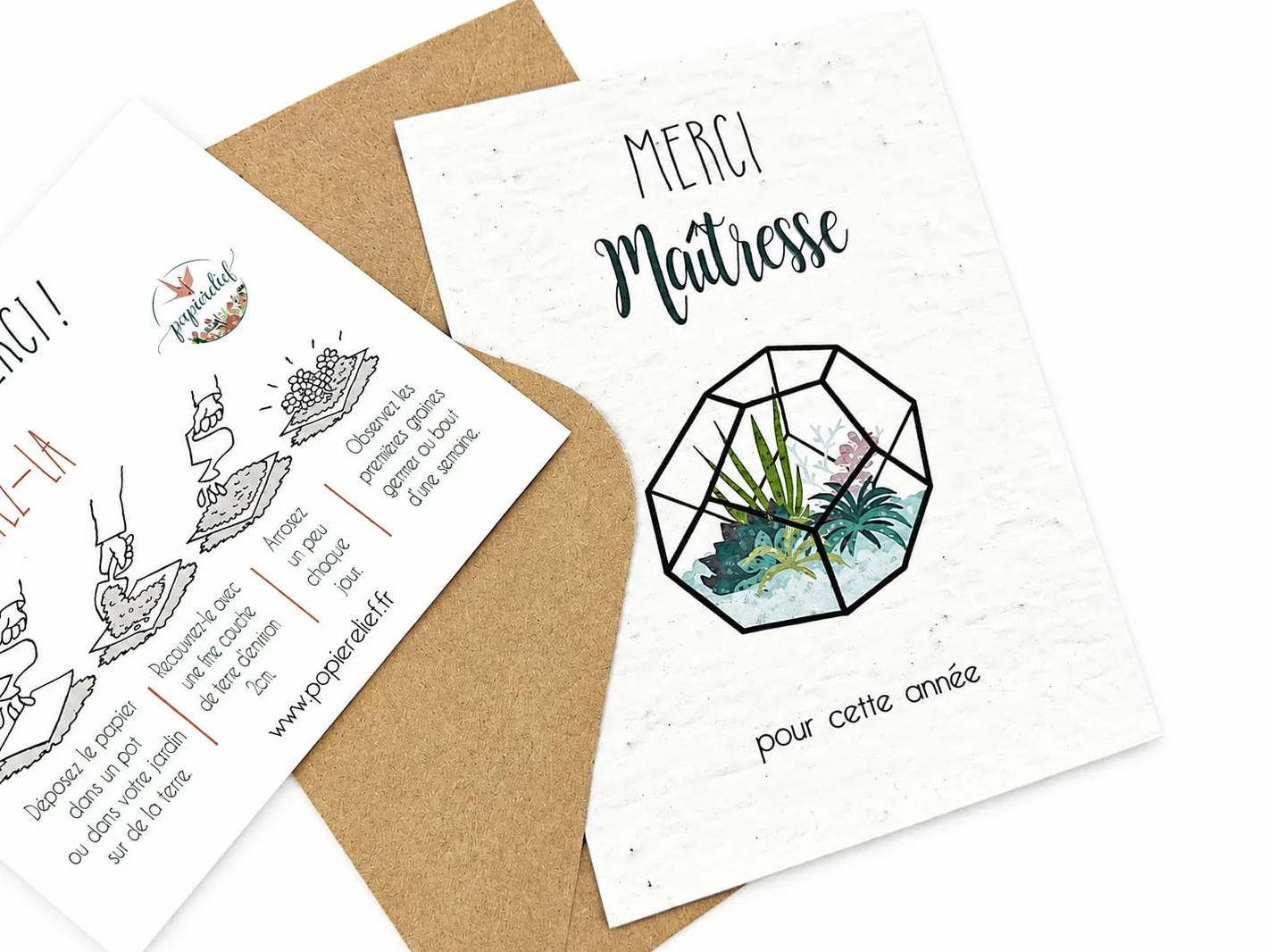 Carte à planter merci maitresse papier ensemencé à semer