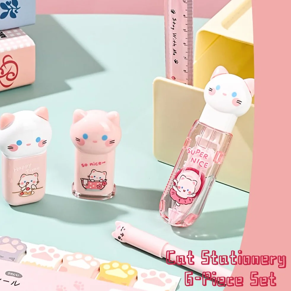 Ensemble de papeterie Chat fournitures scolaires Trousse règle ruban correcteur gomme stylos bureau Rose