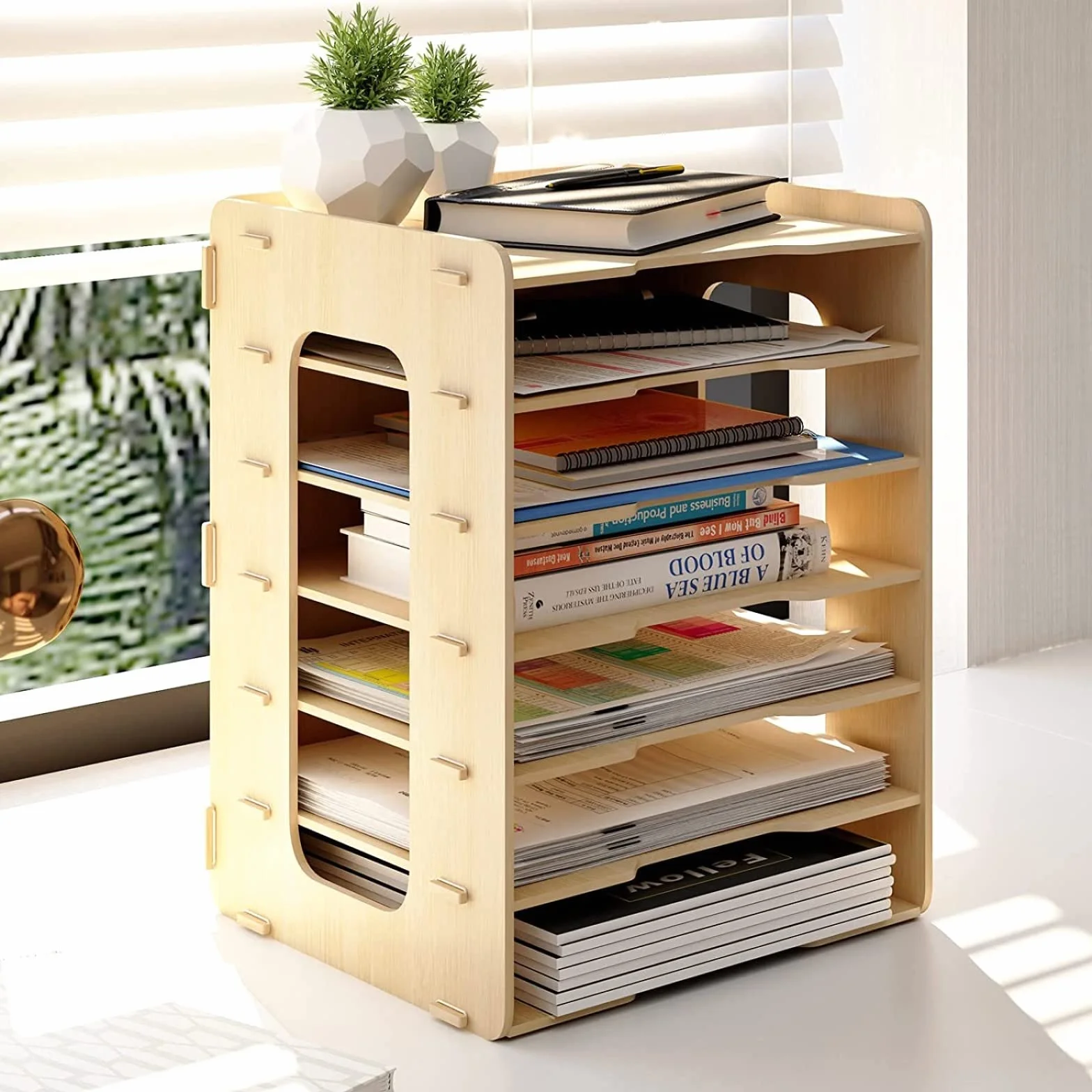 PUNCIA Organisateur de Bureau 7 Niveaux Bois Corbeille à Courrier A4 Support de Rangement