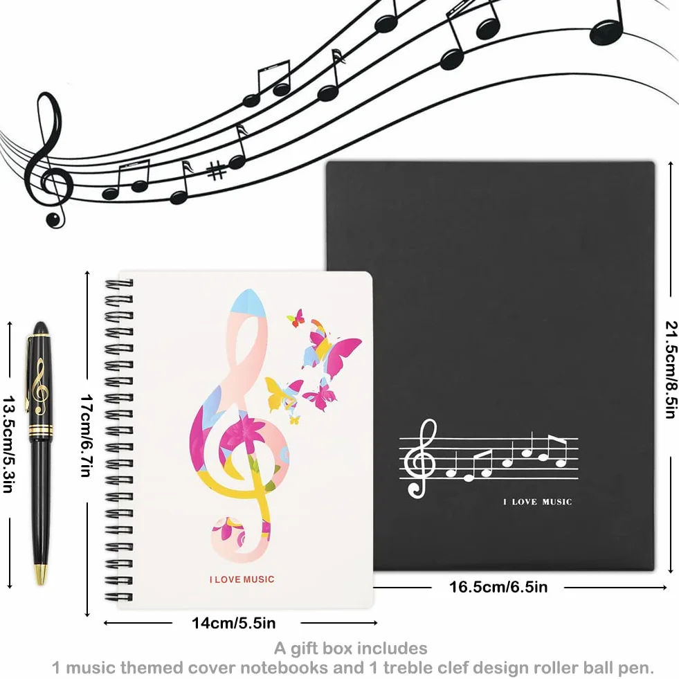 Boerni Musique Piano Melody Thème Papeterie Coffret Cadeau, Piano Wirebound Journal avec Treble Clef Design Roller Ball Pen