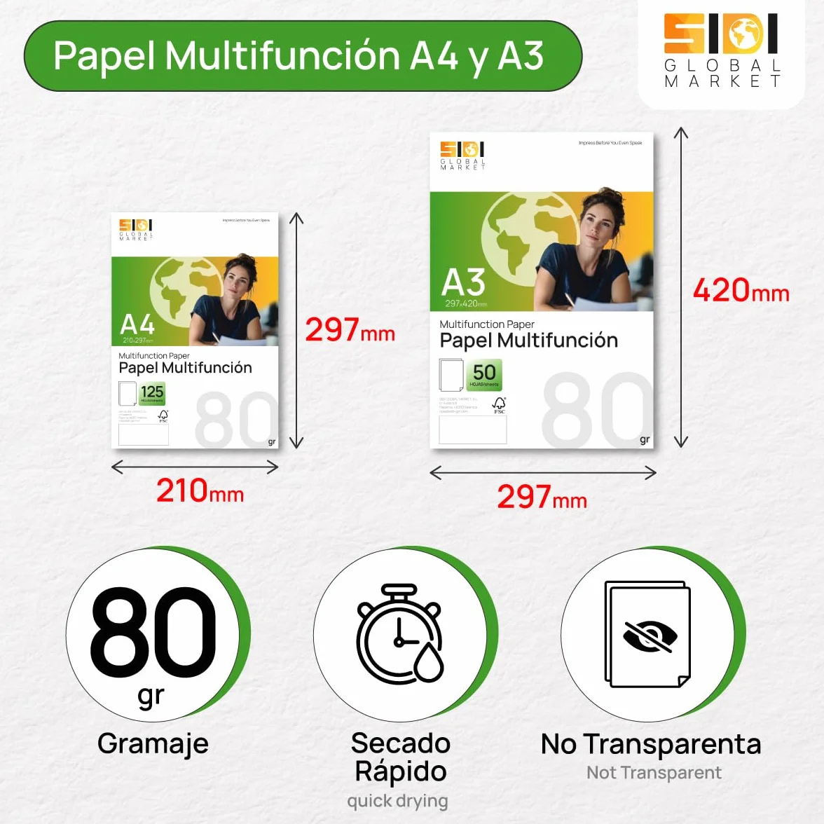 Papier A4 80g SIDI, Ramette 125 Feuilles pour Imprimante Laser Jet d'Encre, Format DIN A4 210x297mm