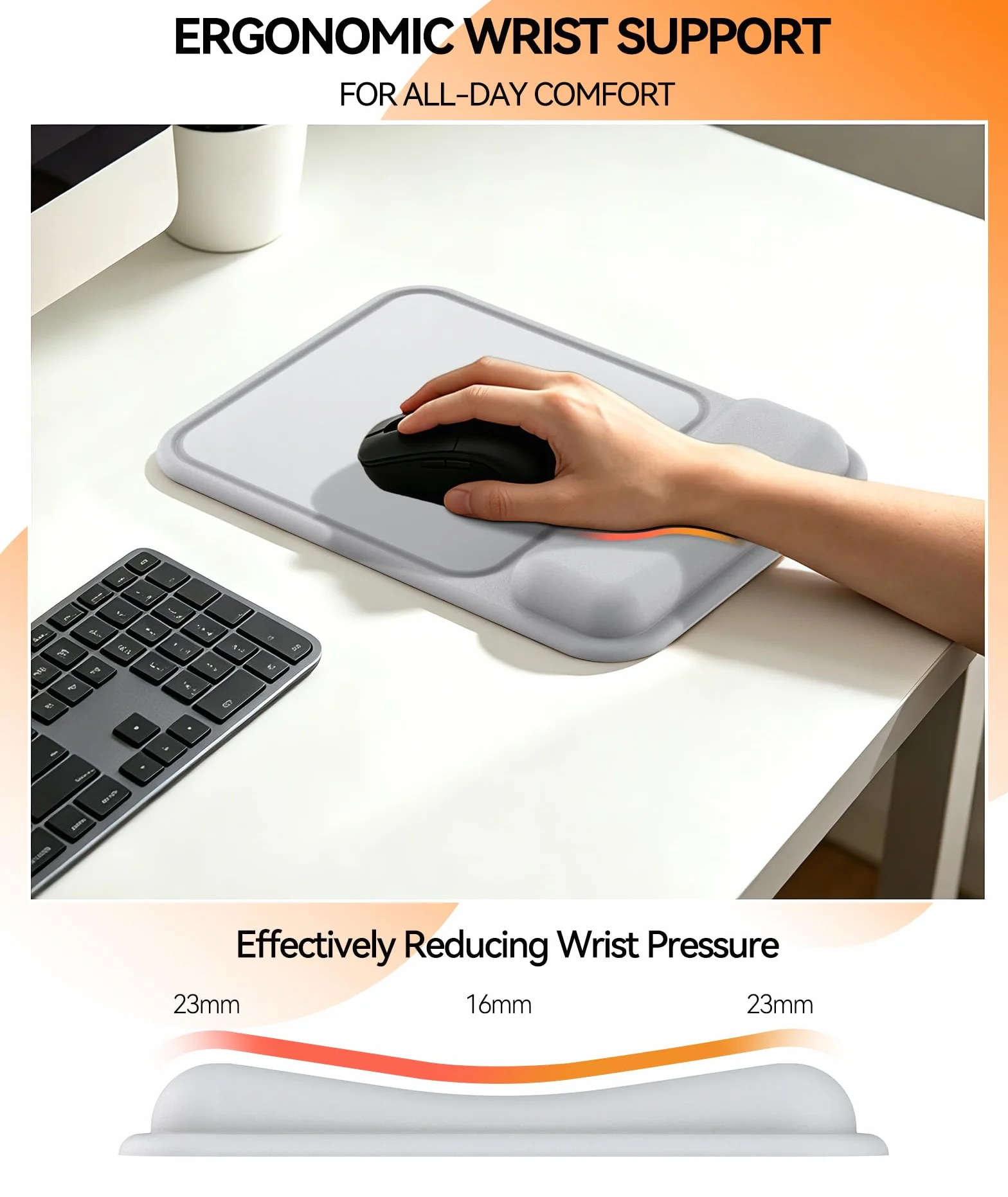 Tapis de Souris Ergonomique avec Repose-Poignet Creusé Gel, Base Antidérapante, Bureau & Gaming (Gris Clair)