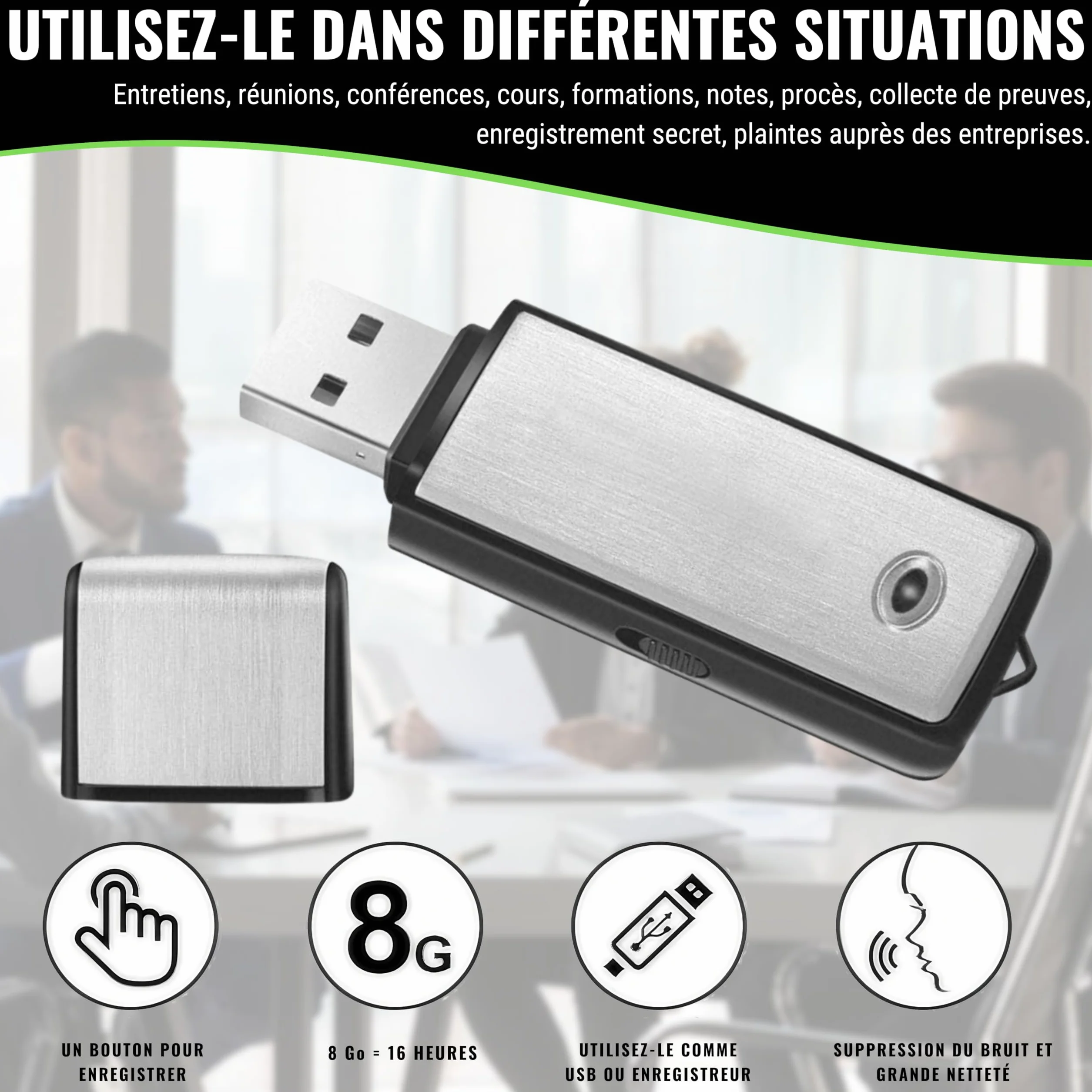 Enregistreur Vocal Numérique USB 8 Go Dictaphone Micro Espion Discret pour Réunions Interviews Cours NF3