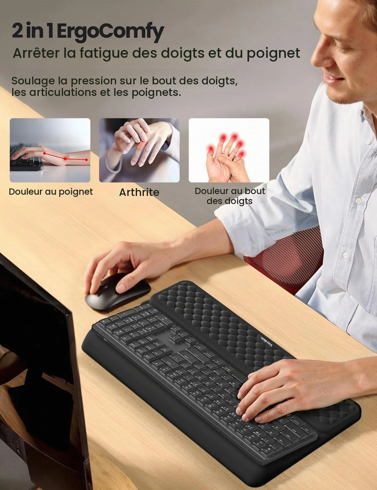 VAYDEER Repose-Poignets Ergonomique avec Rehausseur de Clavier, Support 2-en-1 en Mousse à Mémoire de Forme, Antidérapant pour Bureau – Noir