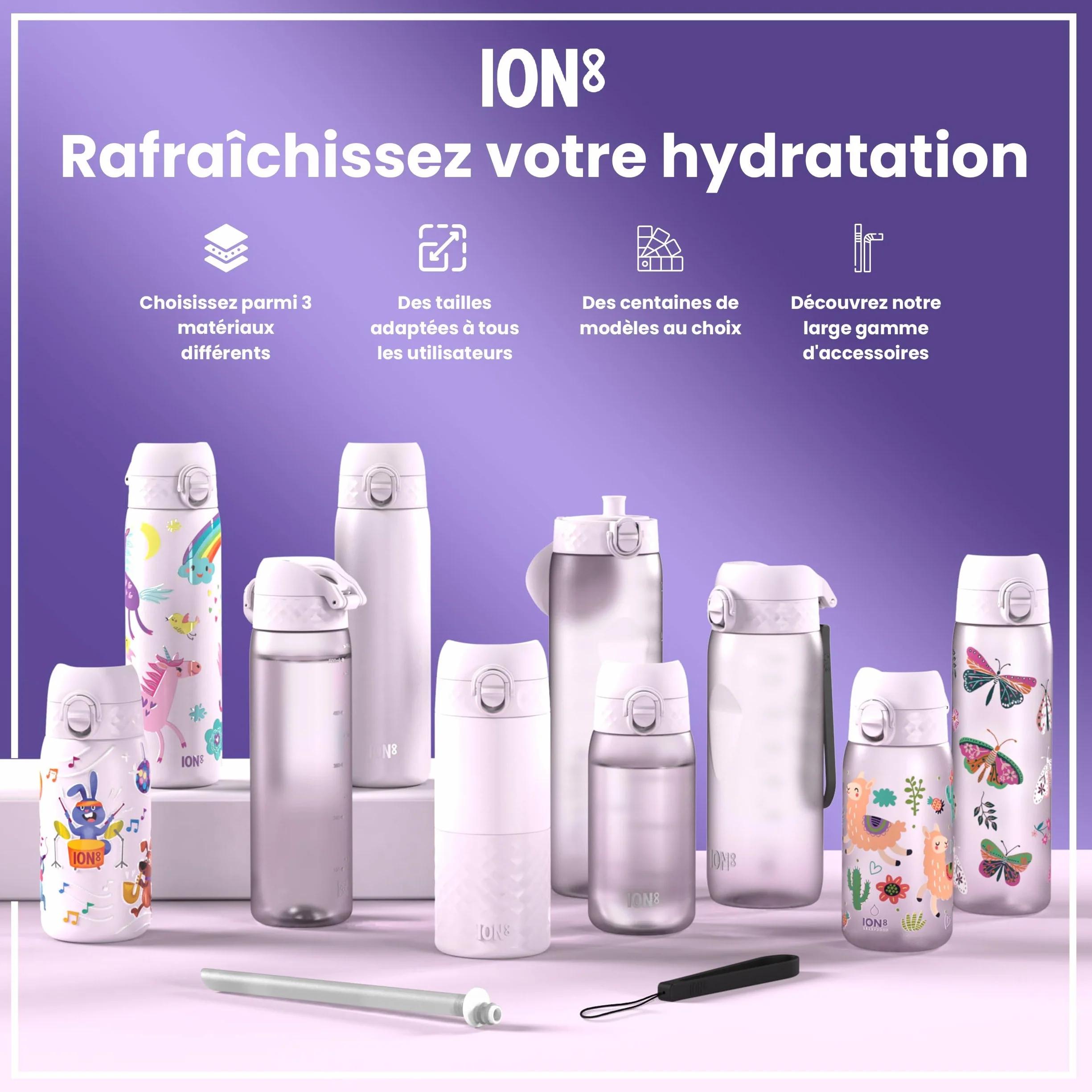 ION8 Gourde Enfant Anti-Fuite Verrouillage Sécurisé Lavable Lave-Vaisselle Motif Licornes