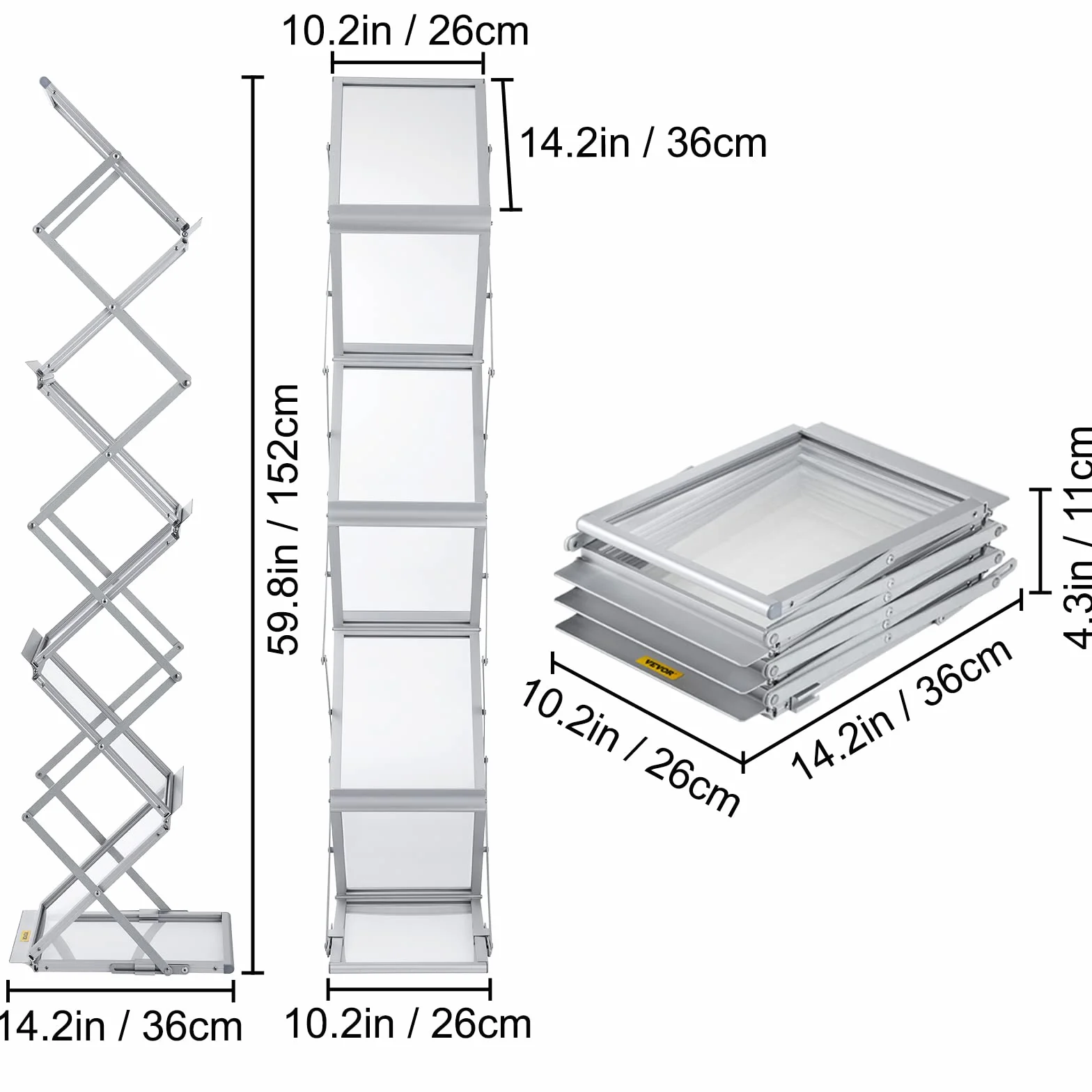VEVOR Présentoir à Brochures en Alliage Aluminium Pliable 6 Compartiments A4 Portable 26x36x152 cm