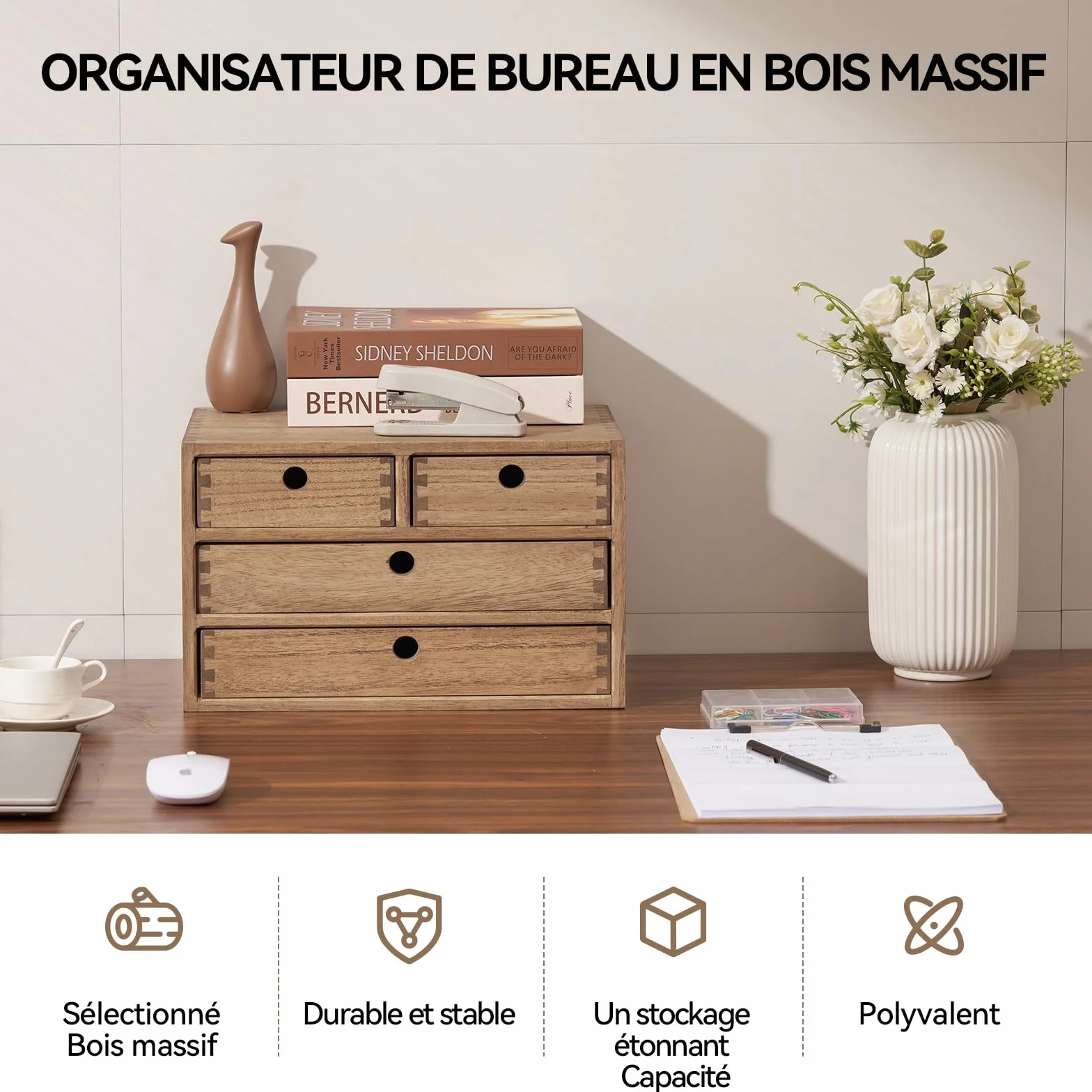 KIRIGEN Boîtes à tiroirs en bois 3 étages 4 tiroirs brun rangement bureau