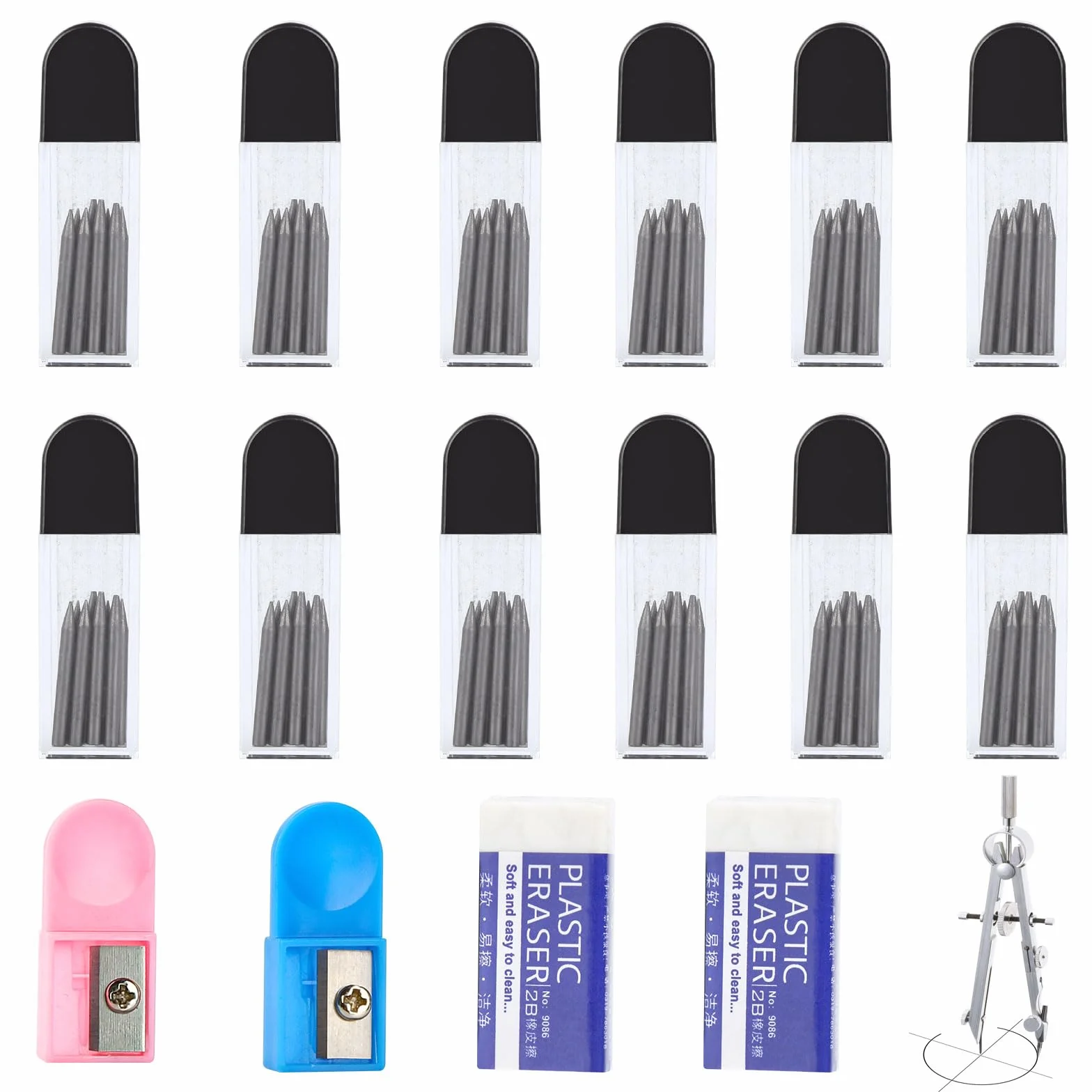 ZEFAN Mines de rechange 2B 2 mm 2 cm pour compas, lot de 120 avec rouleaux de guidage et gommes