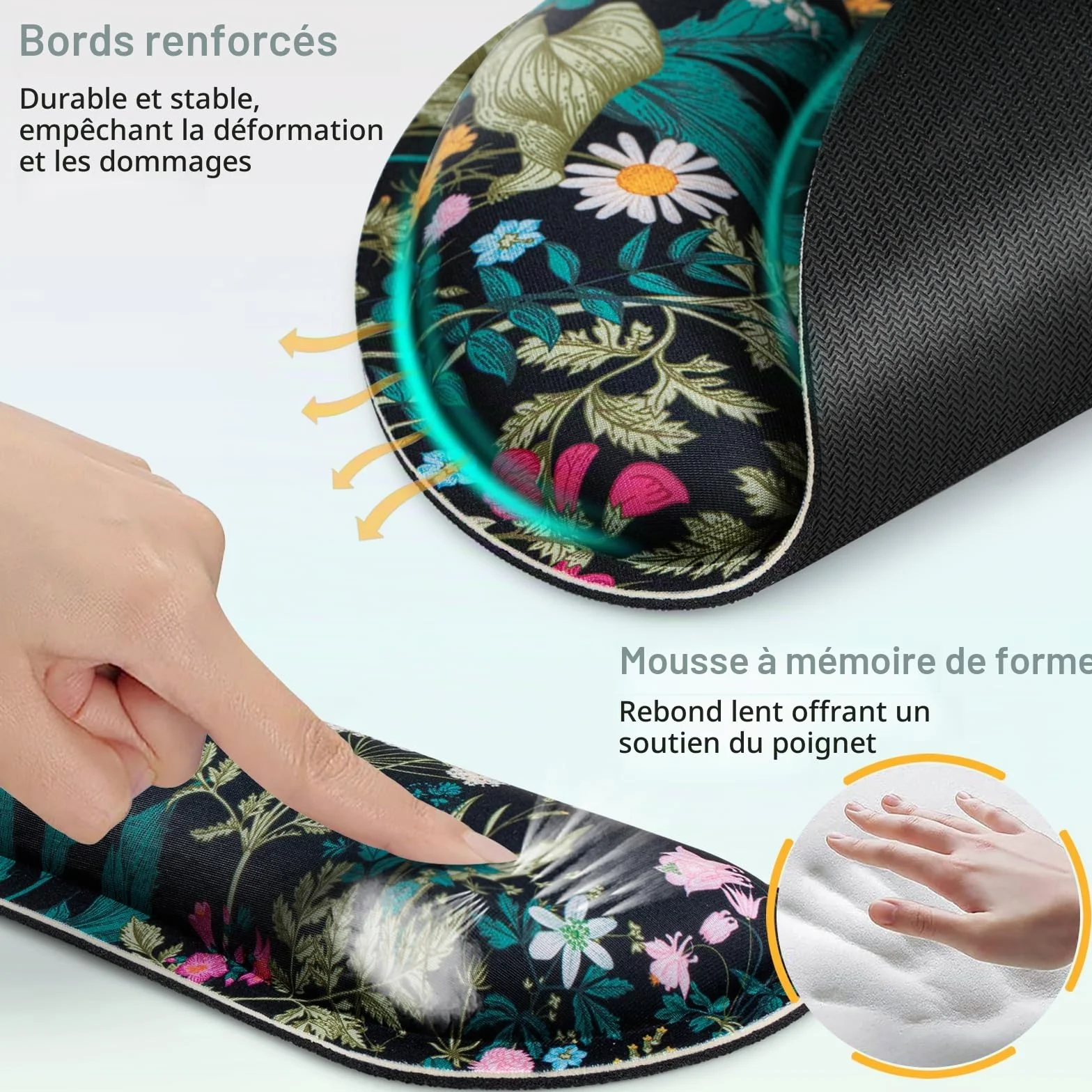 Tapis de Souris avec Coussin Gel 3 en 1 Repose-Poignet Ergonomique Antidérapant, 3mm Mousse à Mémoire, Lavable pour PC Bureau