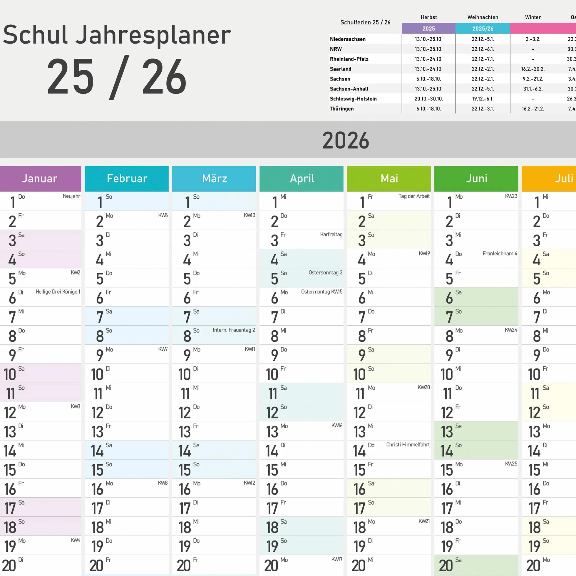 Calendrier scolaire XXL 2025/2026 mural A1 84 x 59 cm planificateur annuel avec semaines jours fériés vacances