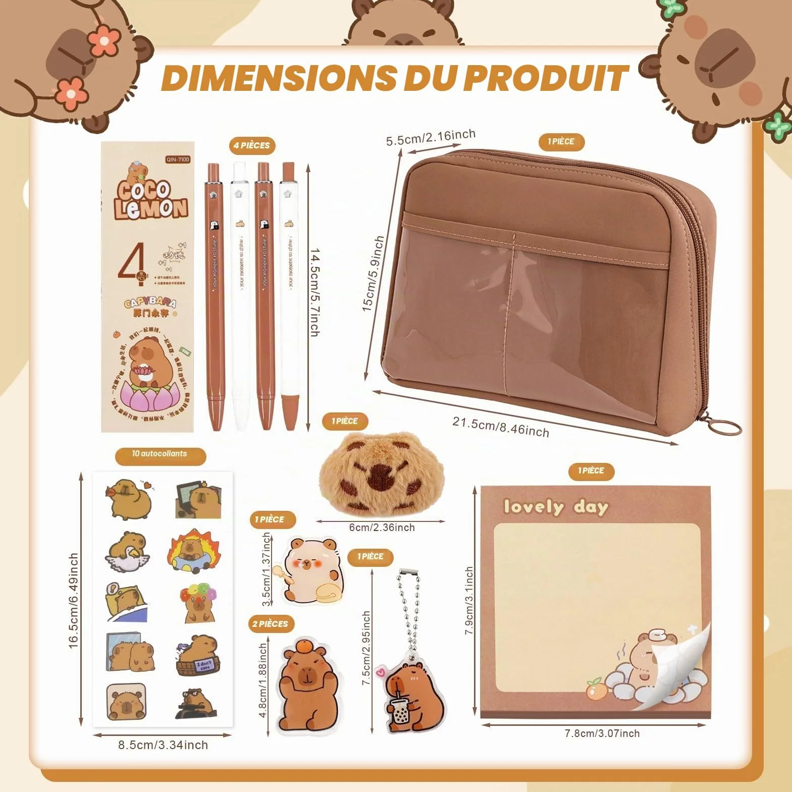 Set de Fournitures Scolaires Capybara - Trousse en Tissu, 10 Autocollants, Peluche, Badge, Porte-Clés, Bloc-Notes, 4 Stylos Gel & Clip