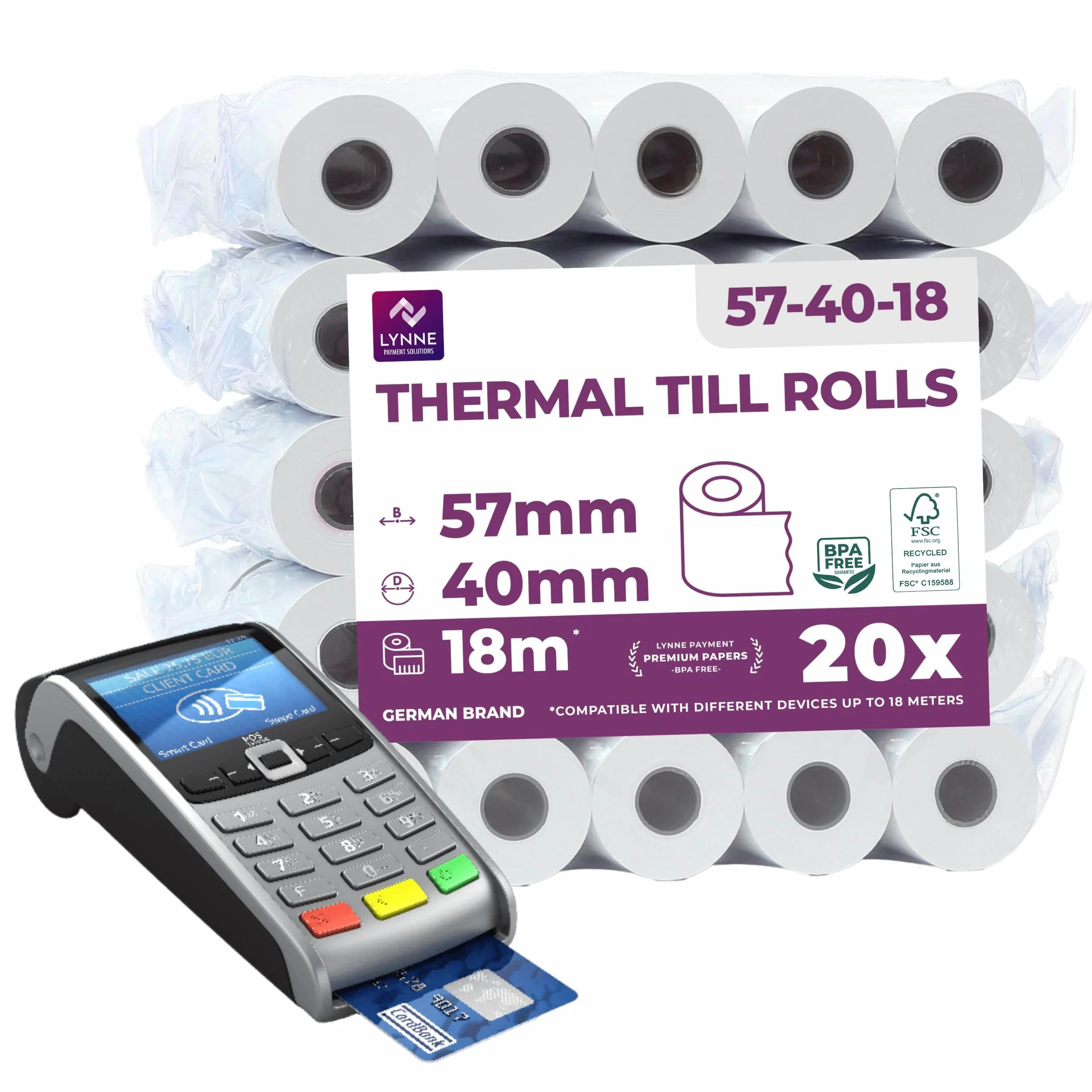 Rouleau TPE Carte Bancaire 57x40x12 Bobine papier thermique 57mm x 18m x 12mm sans BPA