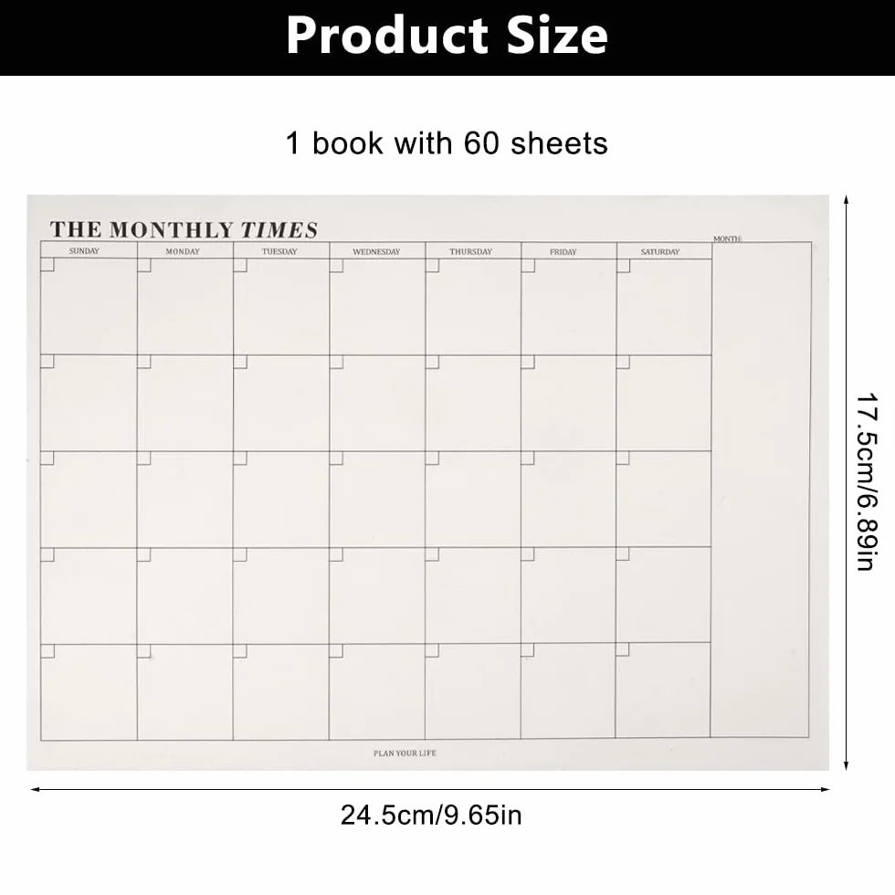 Planificateur Mensuel 60 Feuilles 24.5x17.5 cm, Calendrier Non Daté Détachable Bloc-Notes