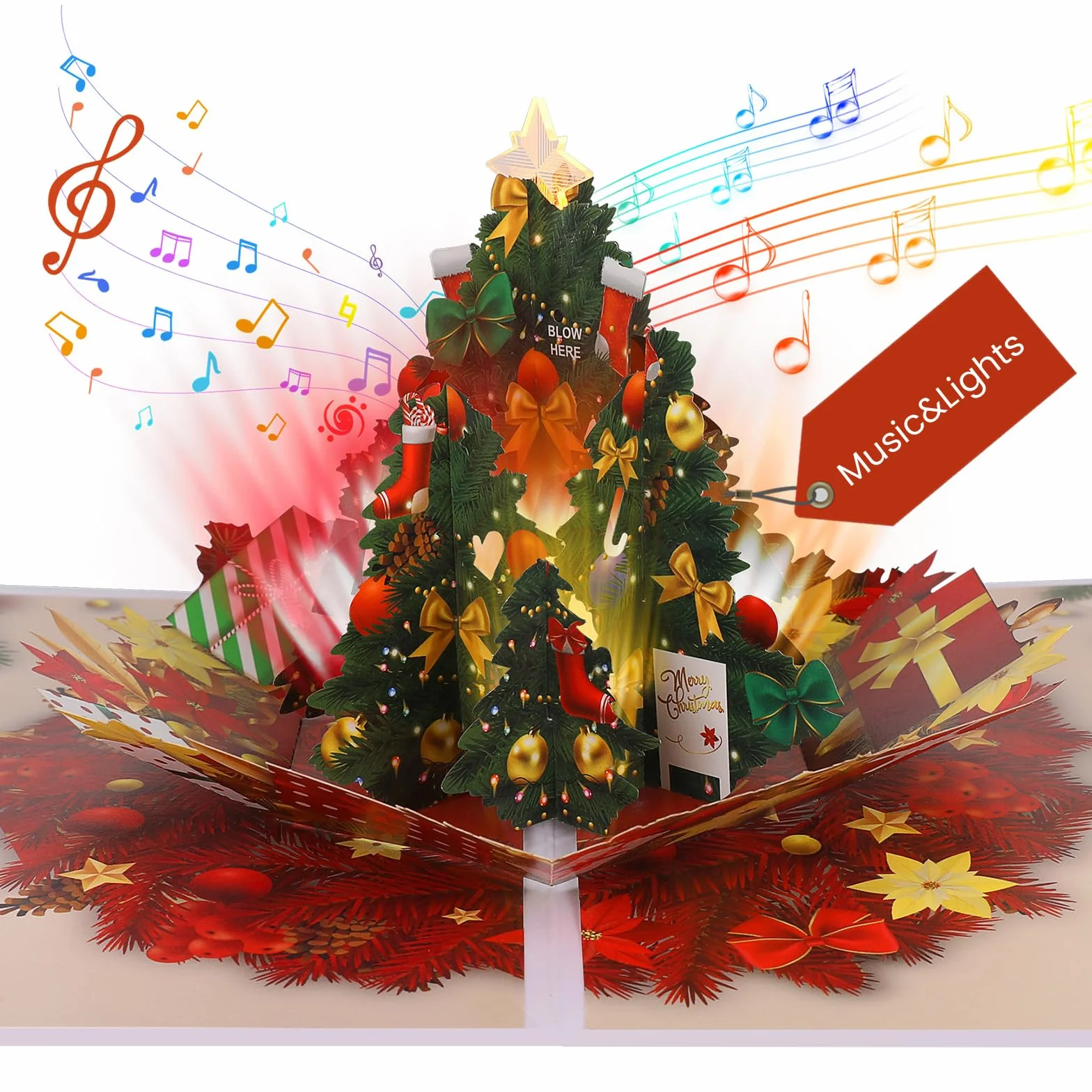 Carte de Noël pop-up avec musique et lumière arbre de Noël 3D cadeau