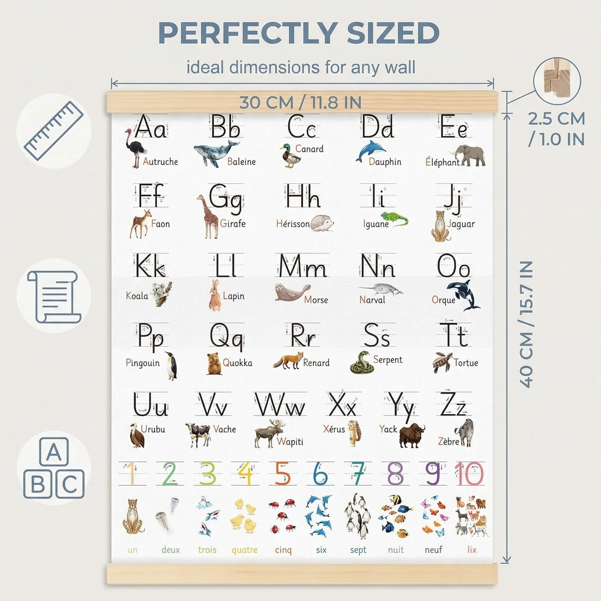 Poster Table de Alphabet Français pour Enfants, Jeu d'Apprentissage Numérique, Lettres et Animaux Amusants