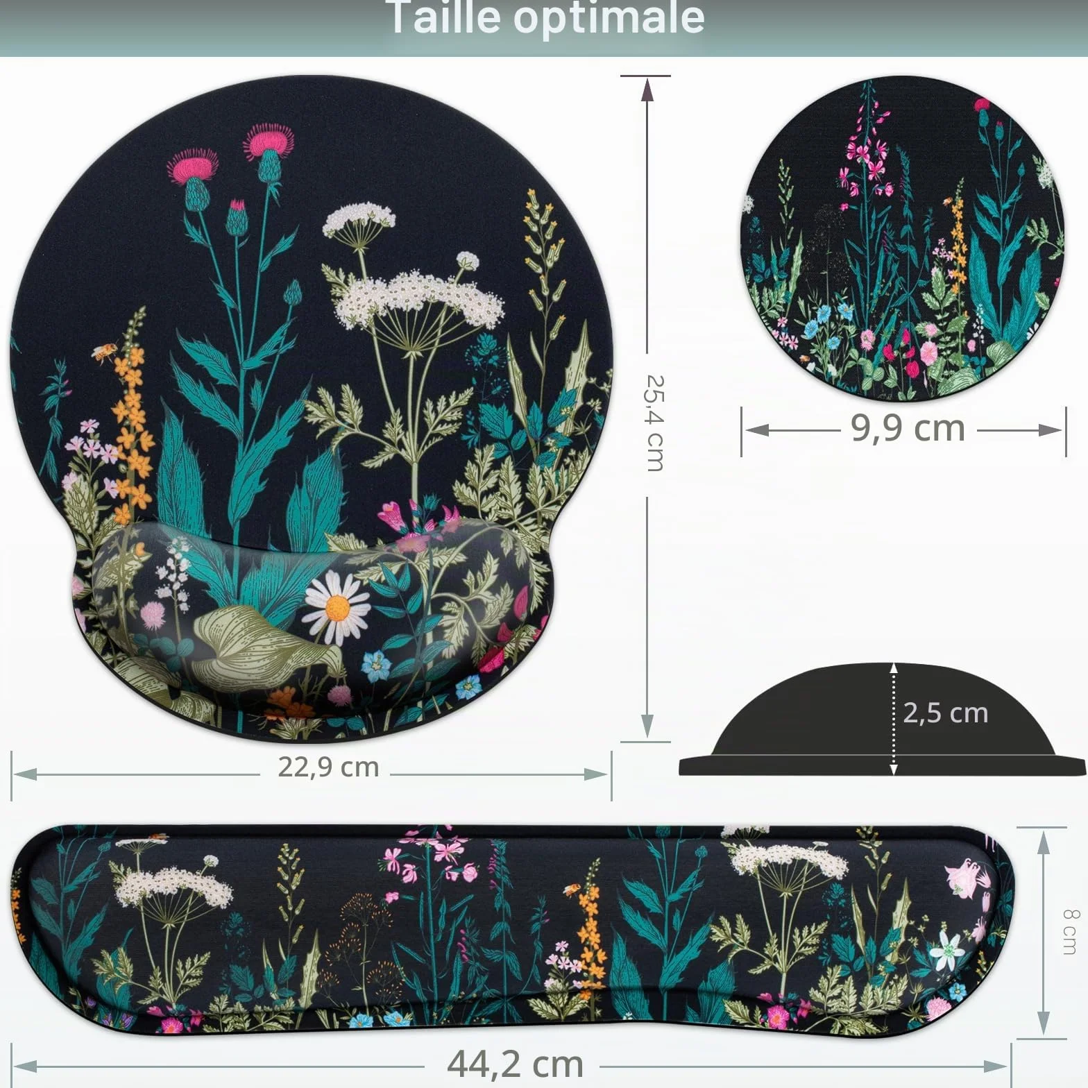 Tapis de Souris avec Coussin Gel 3 en 1 Repose-Poignet Ergonomique Antidérapant, 3mm Mousse à Mémoire, Lavable pour PC Bureau