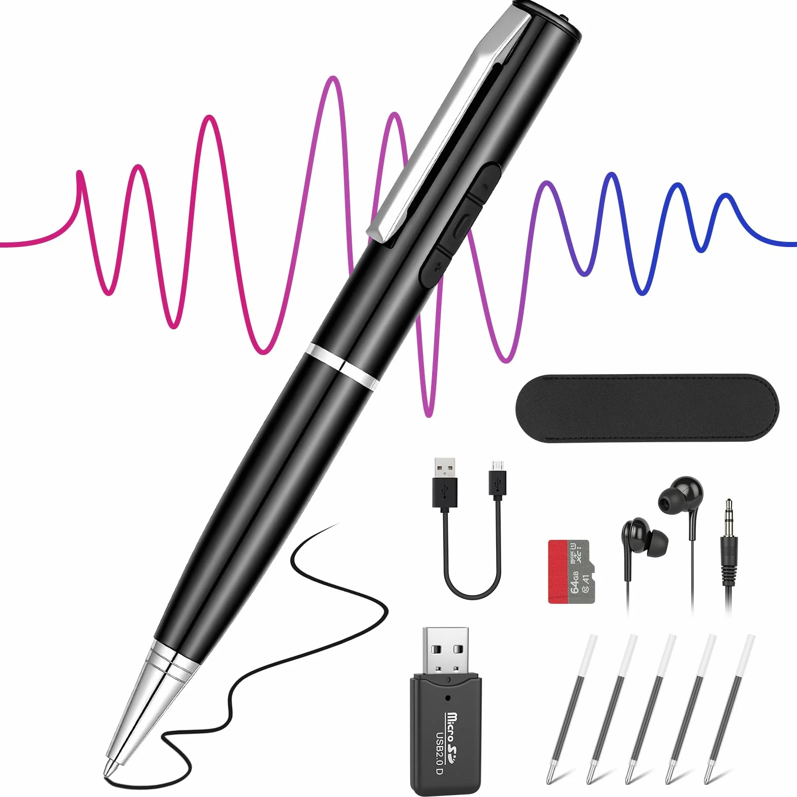Ainiv Stylo Enregistreur 64 Go, Appareil d'Enregistrement Portable Audio HD, Enregistrement en Une Touche, Réduction de Bruit DSP