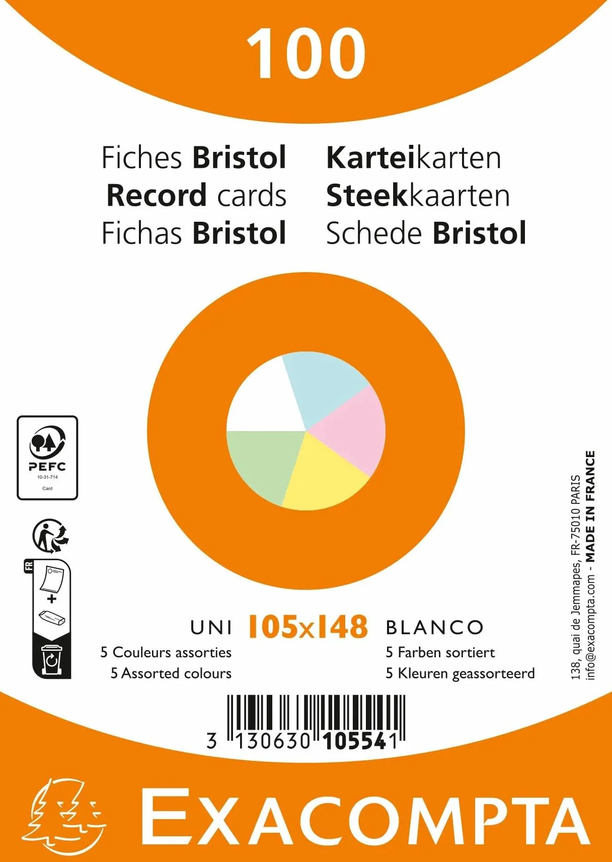 Exacompta Paquet de 100 fiches bristol unies non perforées compatibles imprimante 105 x 148 mm couleurs assorties