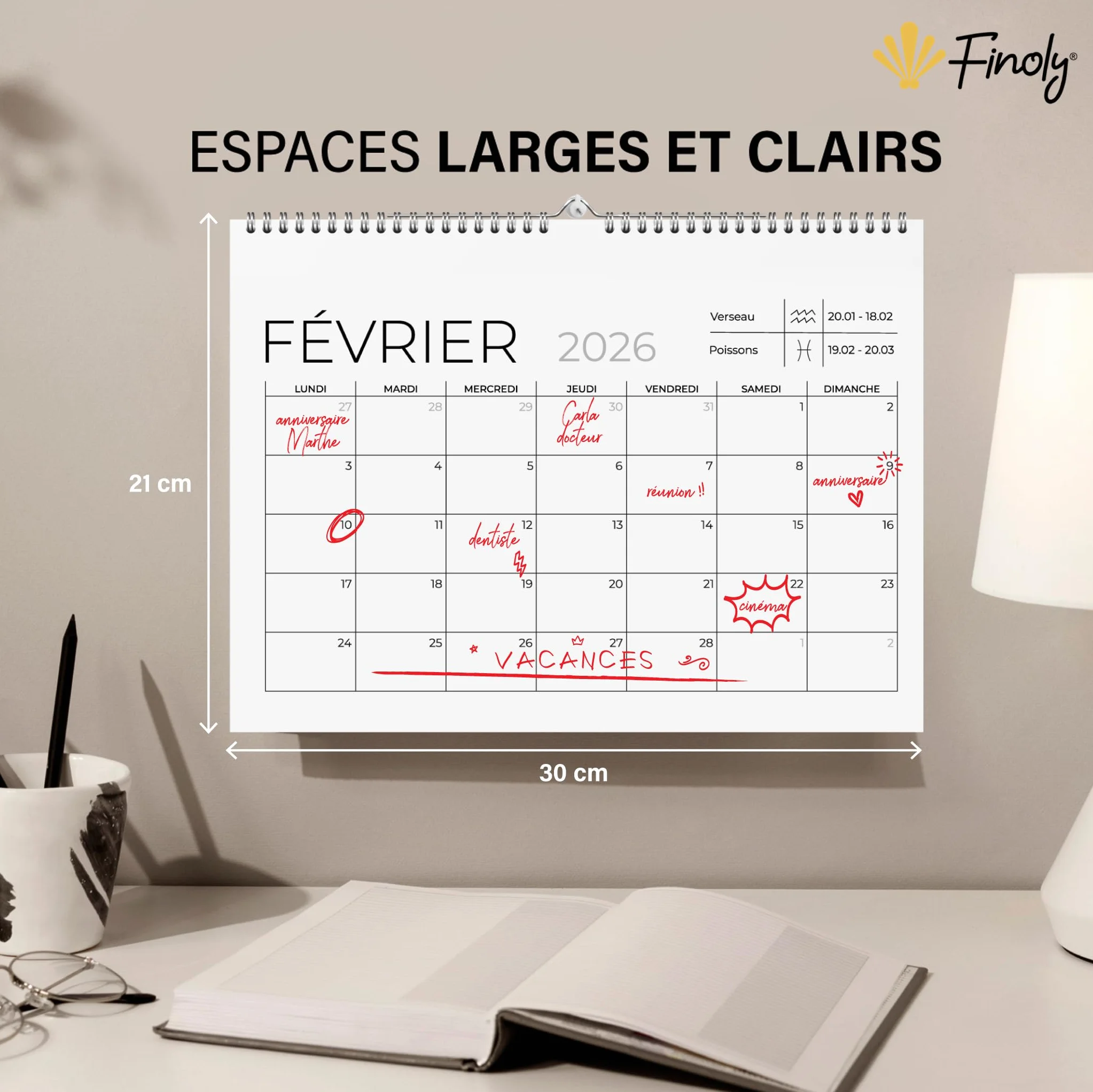 Calendrier Mural 2026 18 Mois Janvier 2026 Juin 2027 en Français 30x21 cm
