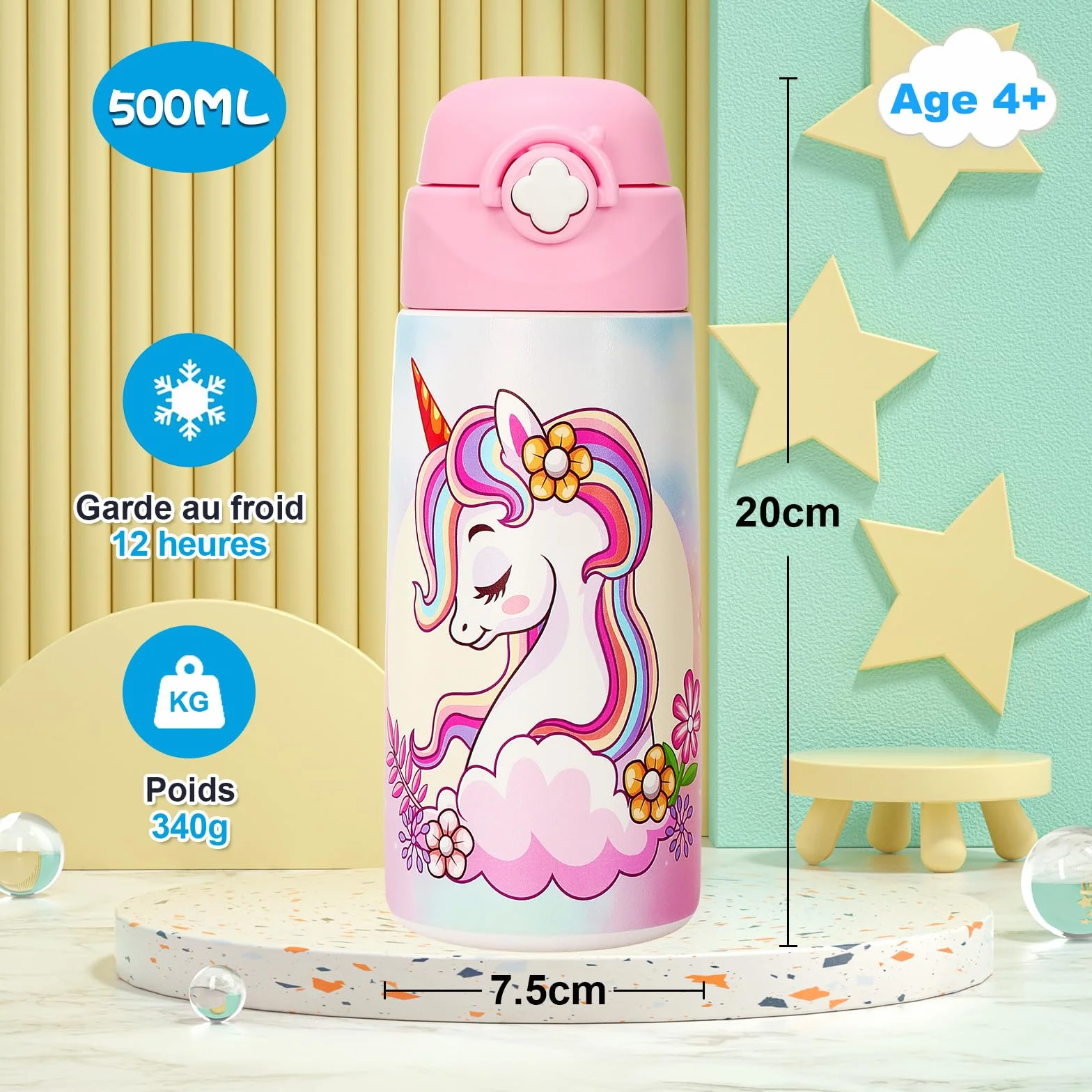 Bouteille Isotherme Enfant Acier Inoxydable 500 ml Sans BPA Anti-fuite Licorne