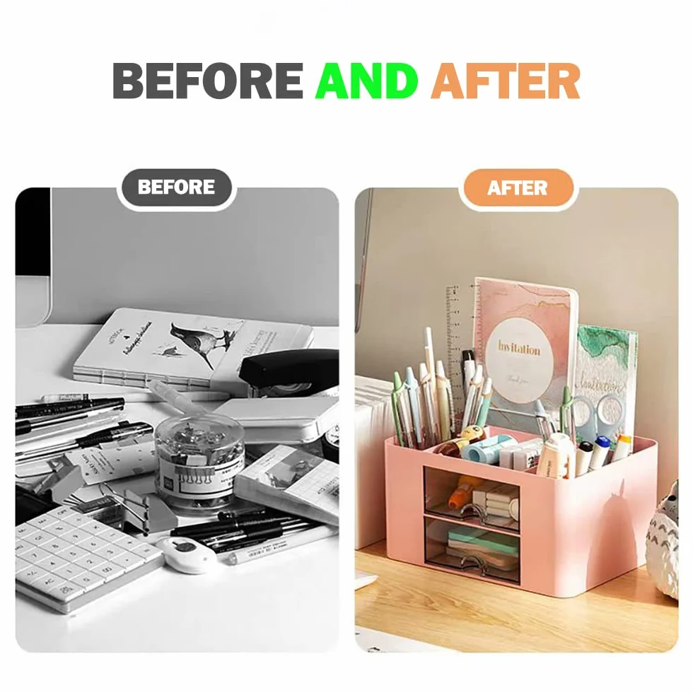 Porte Stylo Bureau Organiser 7 Grilles Plastique avec Tiroir Multifonctionnel Rose