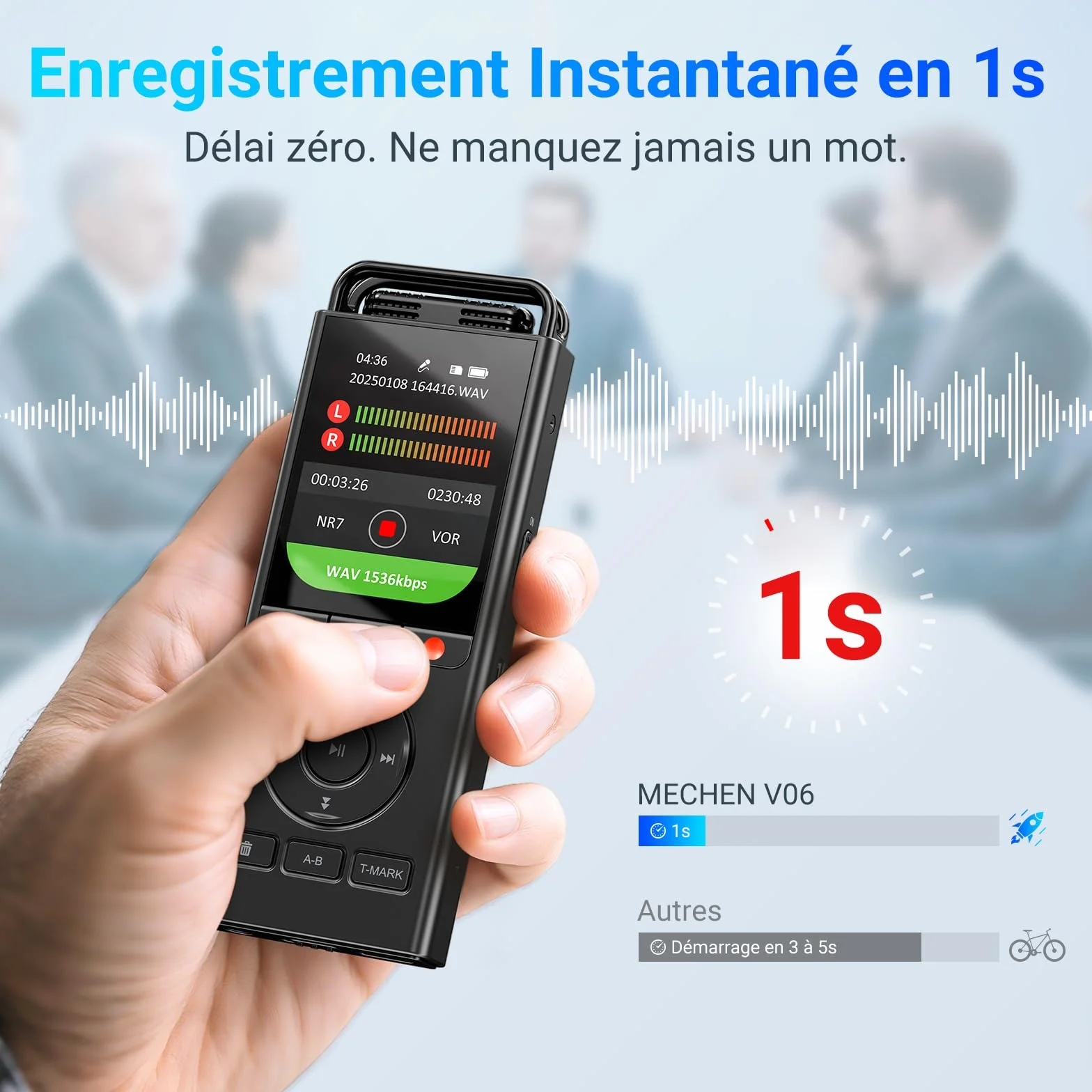 Dictaphone Enregistreur Vocal Numérique 144 Go, Audio HD 3072 Kbps, Réduction du Bruit