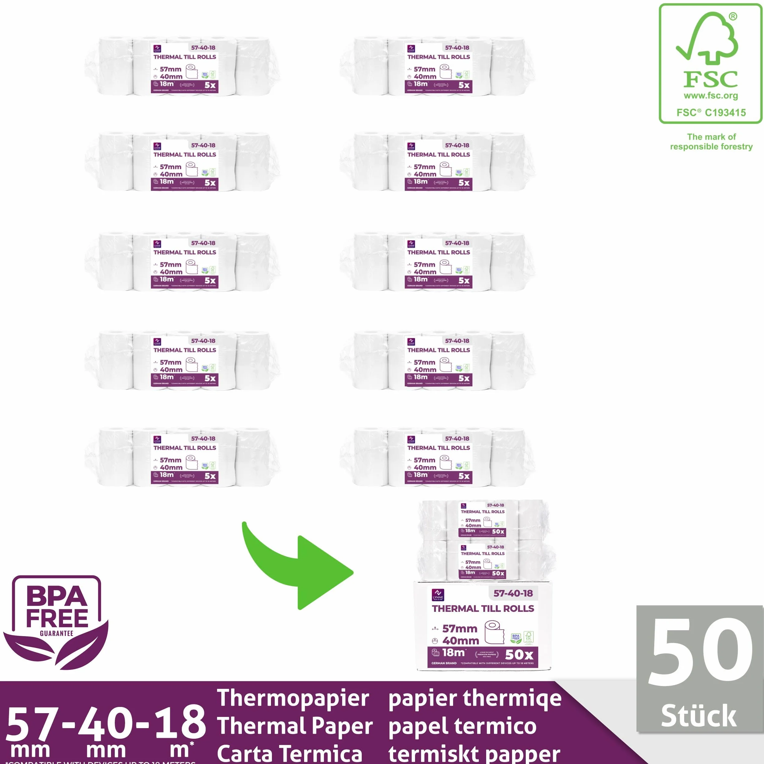 Rouleau TPE Carte Bancaire 57x40x12 - Bobine Papier Thermique 57mm x 18m x 12mm - sans BPA - 50x