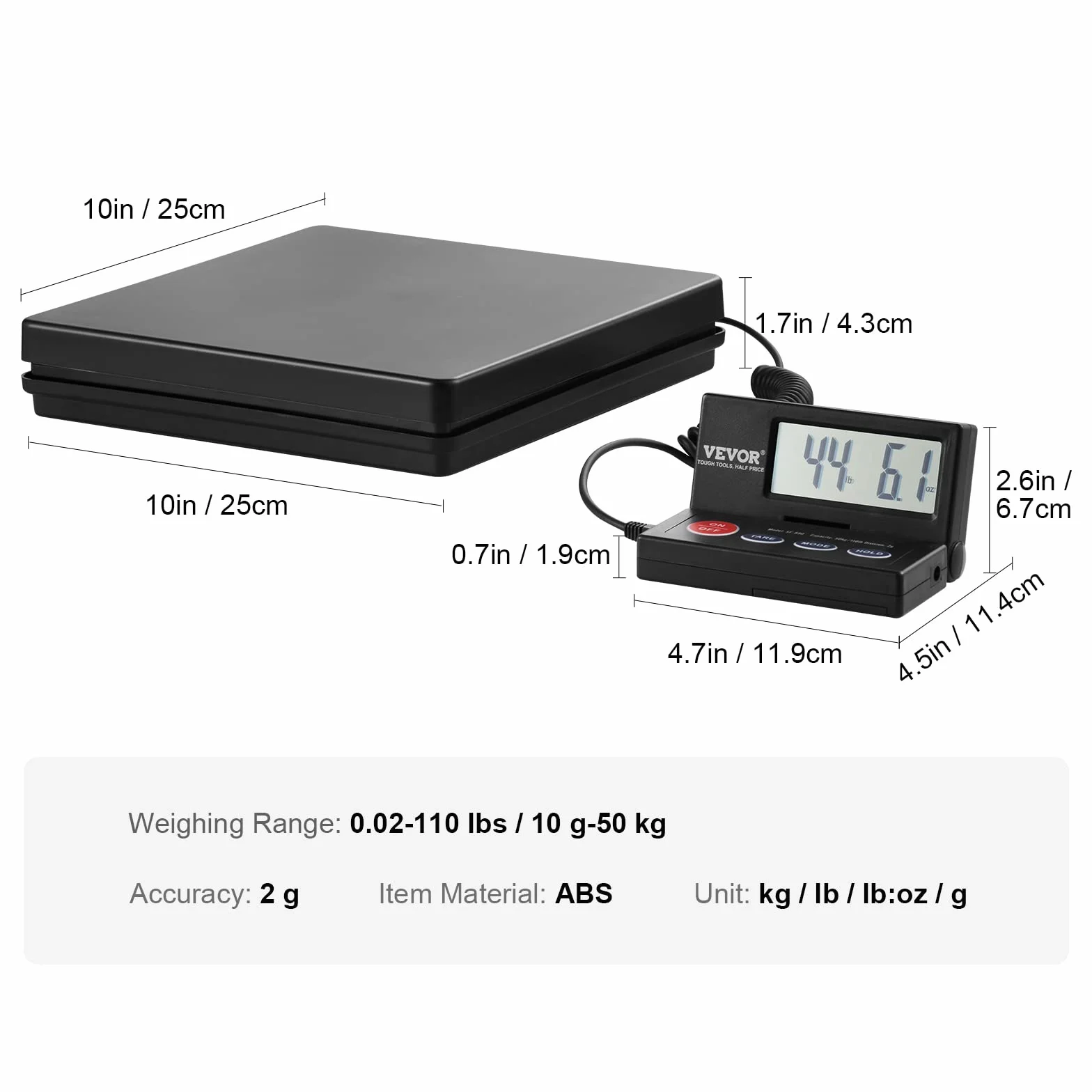 VEVOR Balance Postale Numérique 50 kg Pèse-colis de Précision 2 g avec Tare Maintien Écran LCD Pliable 90°
