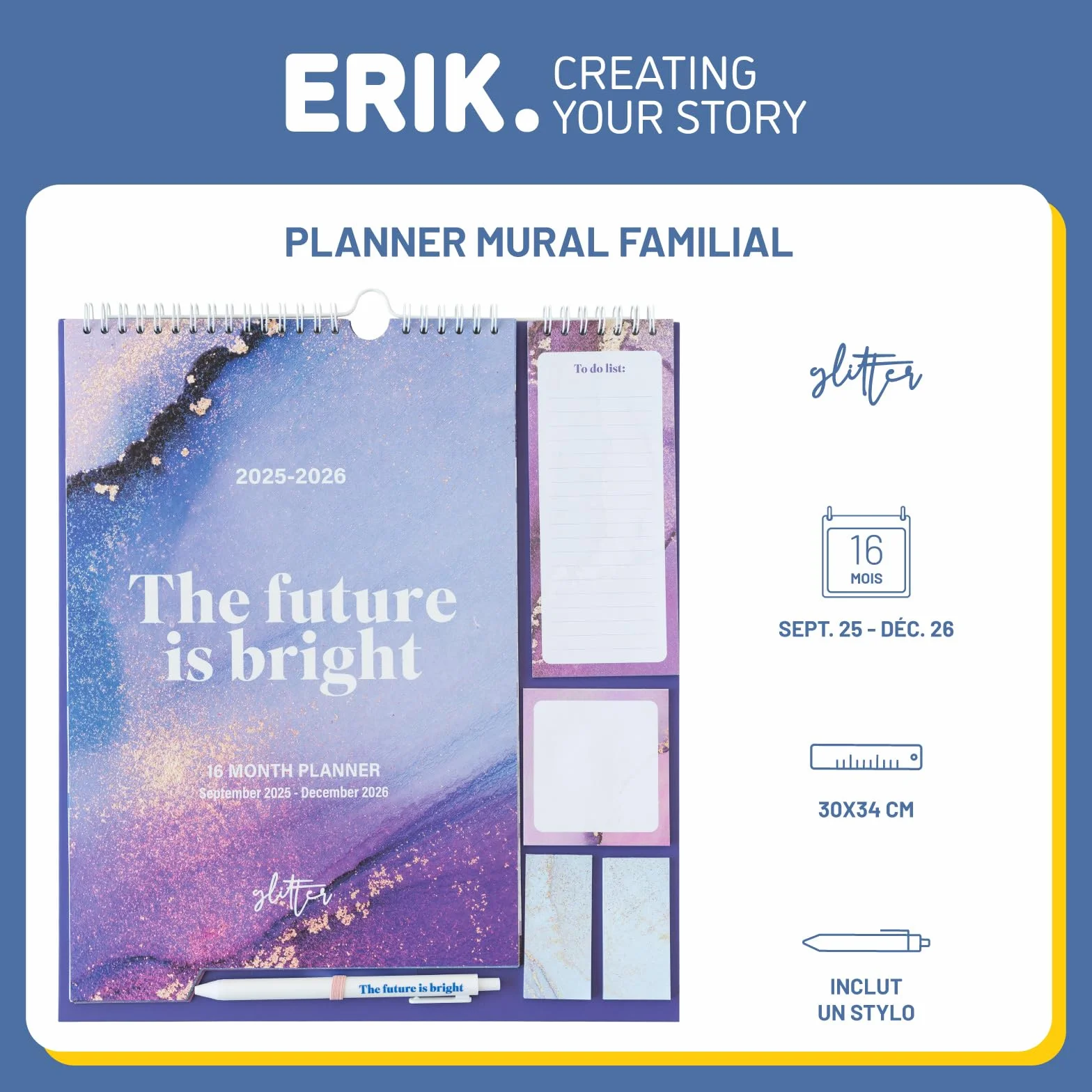 Grupo Erik Calendrier Glitter 16 mois Septembre 2025 à Décembre 2026 Planificateur Mensuel Familial avec Crochet