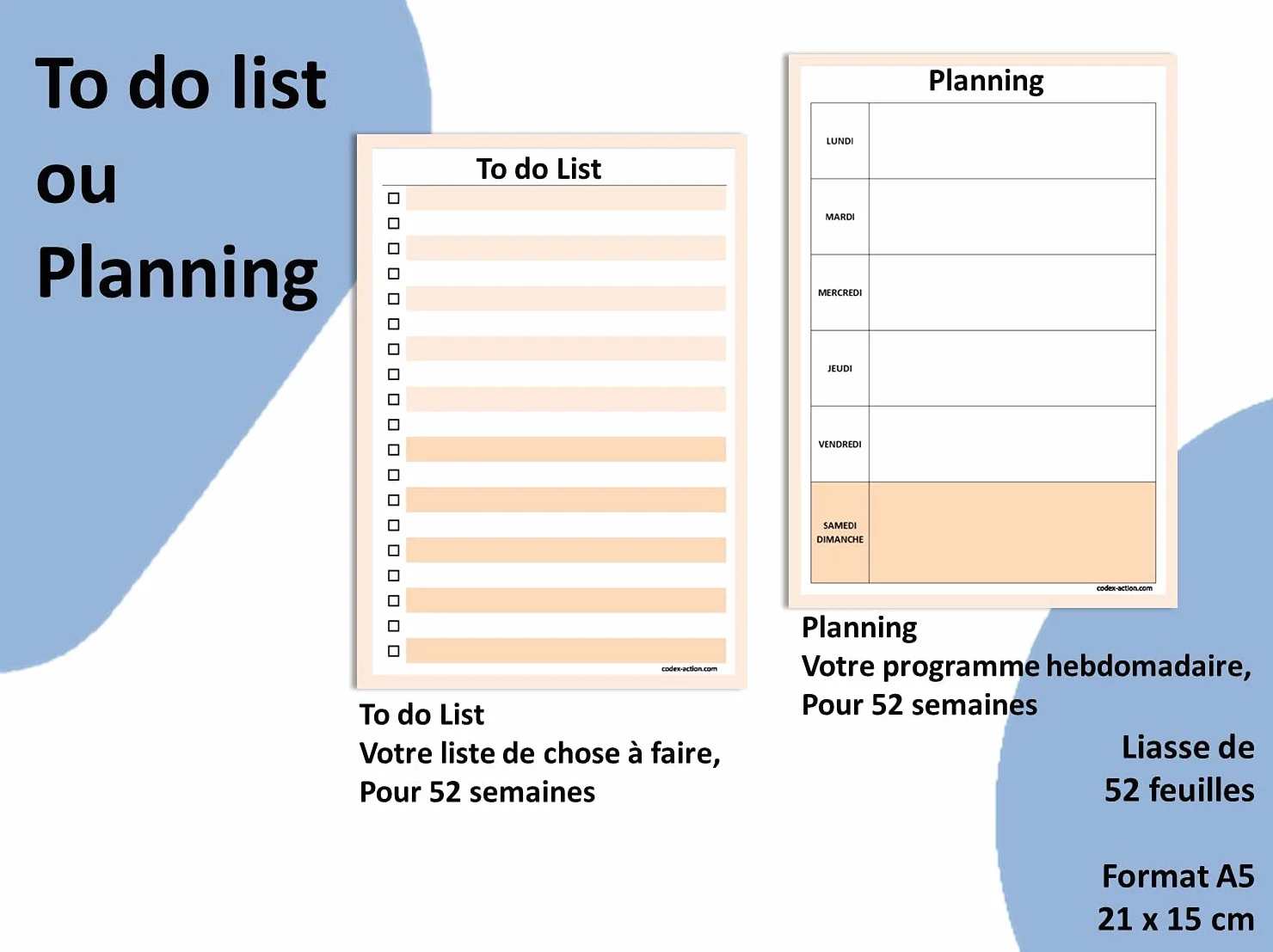 Bloc note Planning semaine A5 15x21 cm 52 pages détachables bleu marron