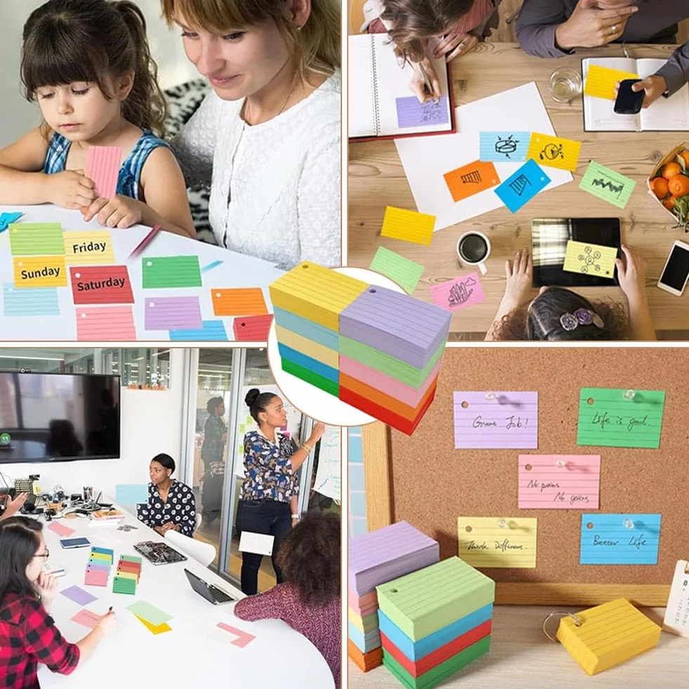 1000 Flash Cards A8 Fiche de Revision Papier Lignées 150g/m² 10 Anneaux Reliure 10 Couleurs