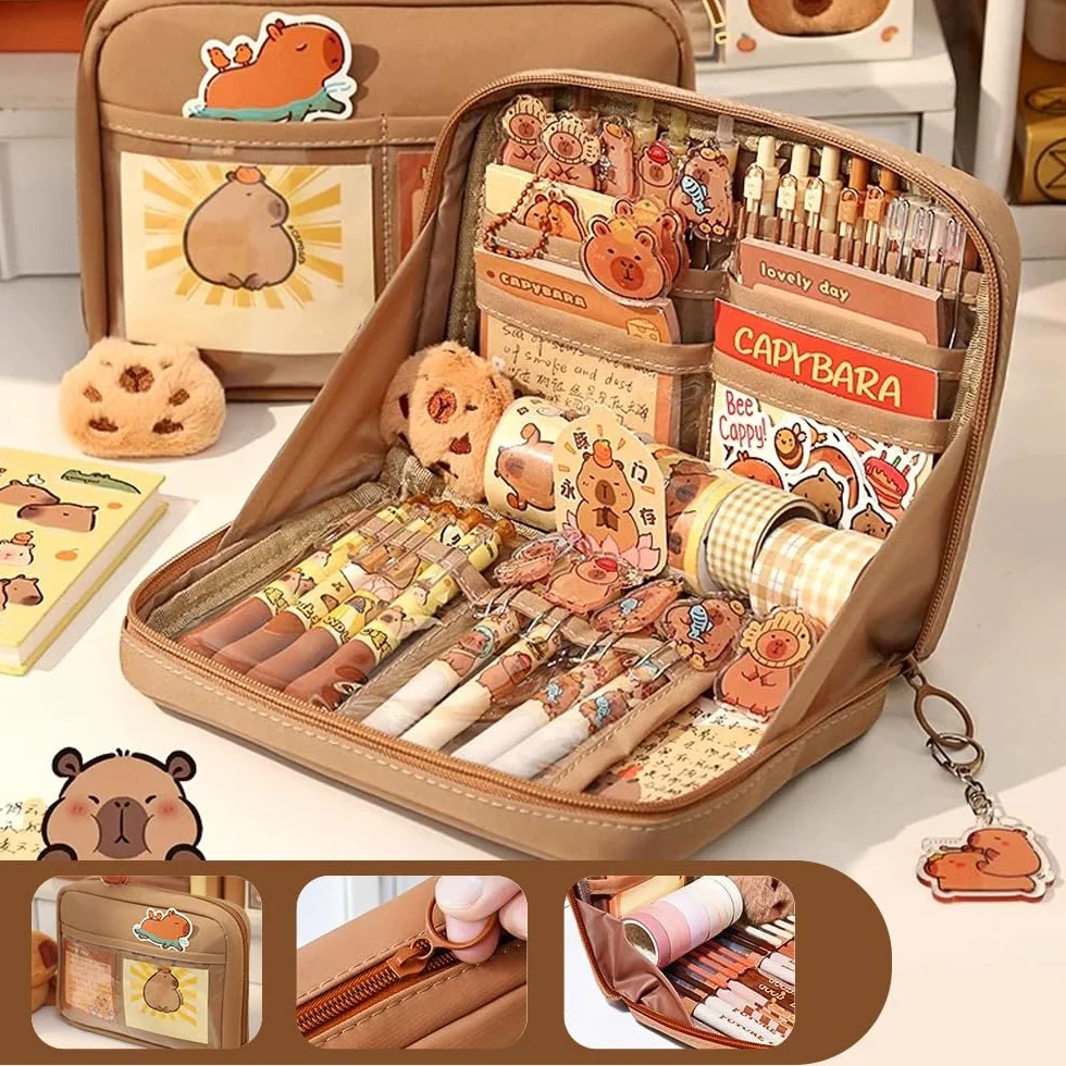 Set de Papeterie Capybara avec Trousse à Crayons et Compartiments pour Enfants