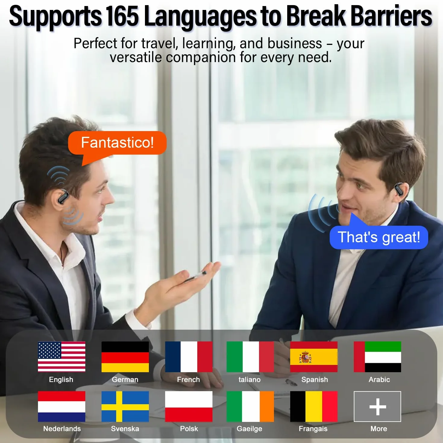 AI Ecouteur Traducteur Instantané Bluetooth 5.4 165 Langues 8 Modes Traduction 42H Open Ear ENC APP Noir