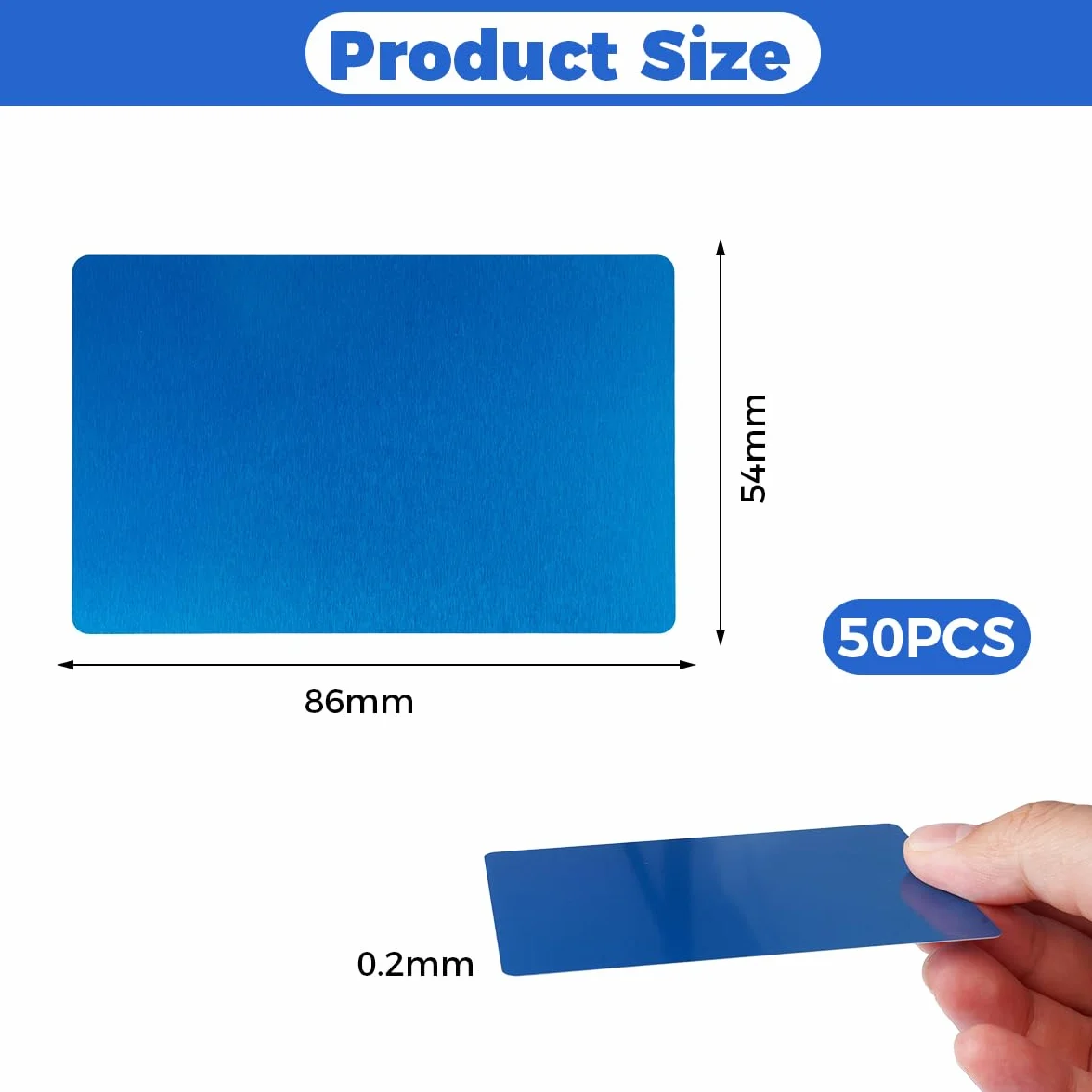 Cartes de Visite en Métal 50 Pièces, Gravure Laser, Vierge Gravée, pour Bureau et Activités Commerciales (Bleu)