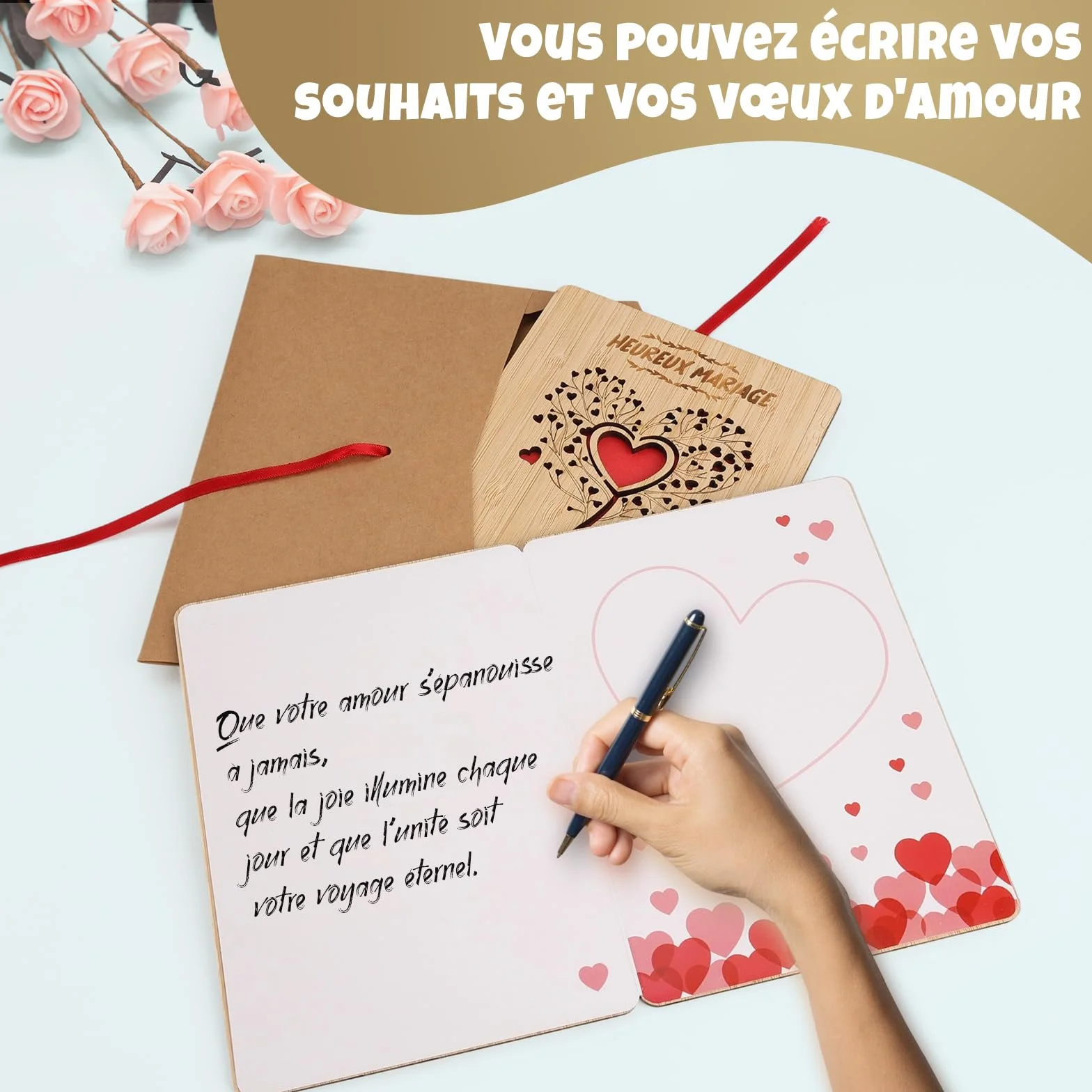 Carte Mariage en Bois avec Enveloppe 10x15 cm Cœur Cadeau Mariage Félicitation
