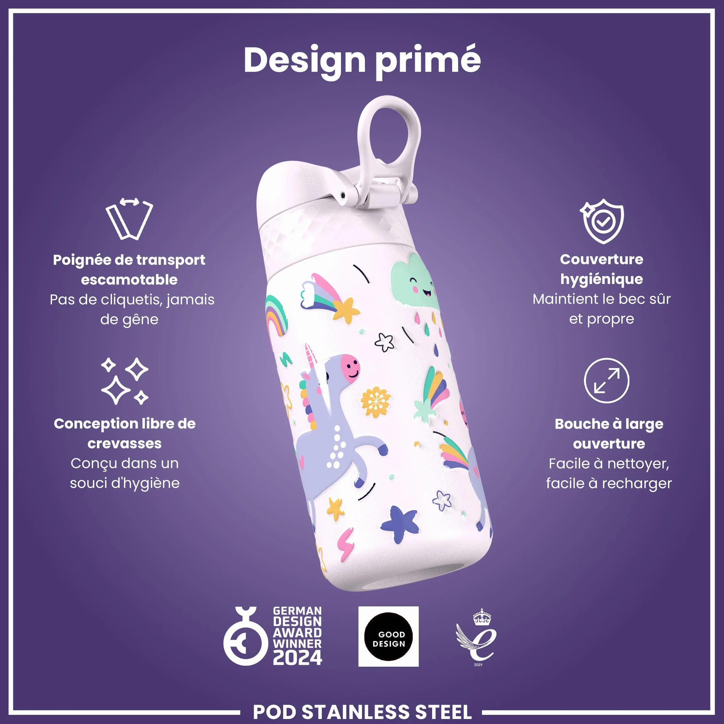 ION8 Gourde Enfant Anti-Fuite Verrouillage Sécurisé Lavable Lave-Vaisselle Motif Licornes