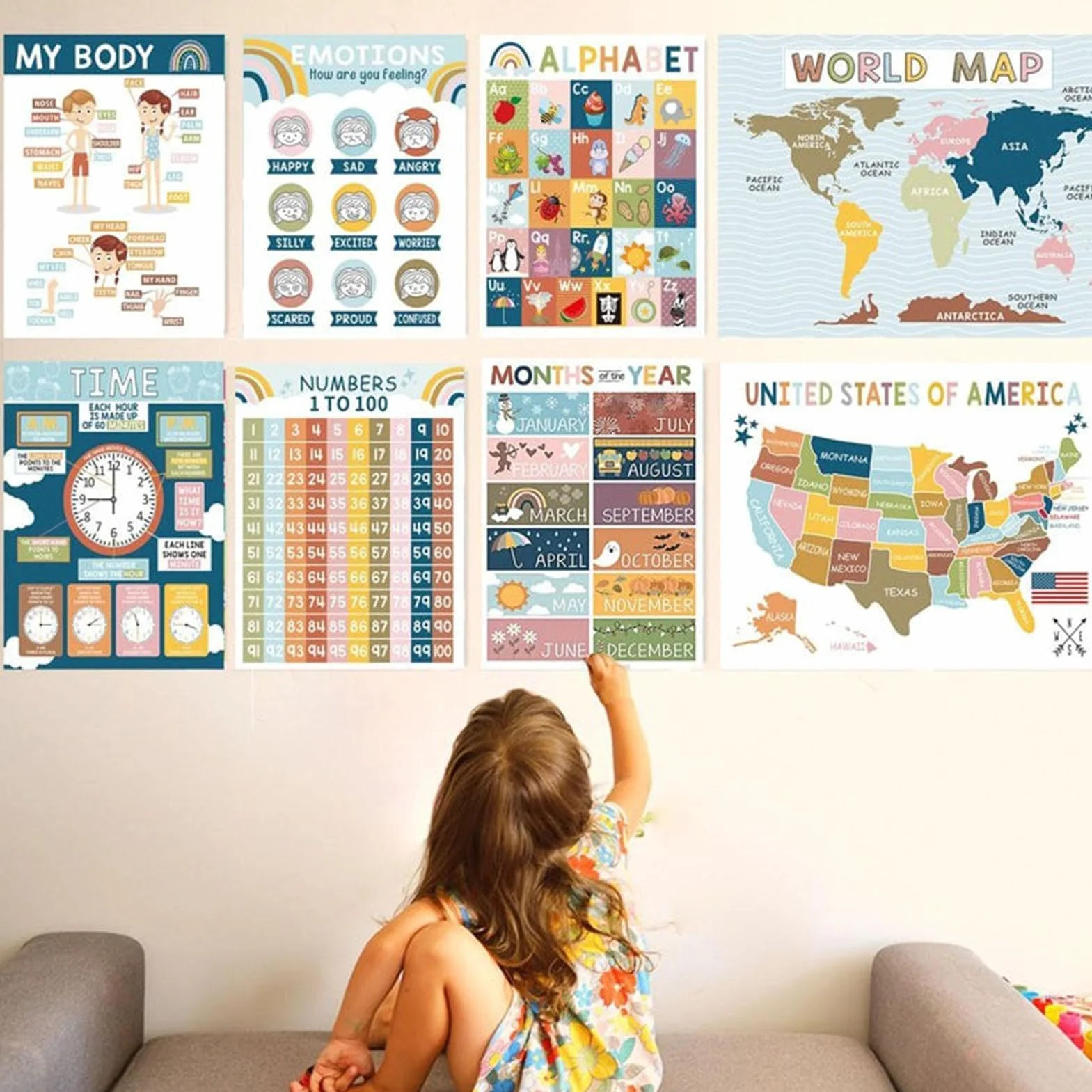 Affiches d'anglais pour salle de classe, Affiche éducative en anglais, 16x Affiches murales d'apprentissage, Matériel de préapprentissage, outils d'enseignement
