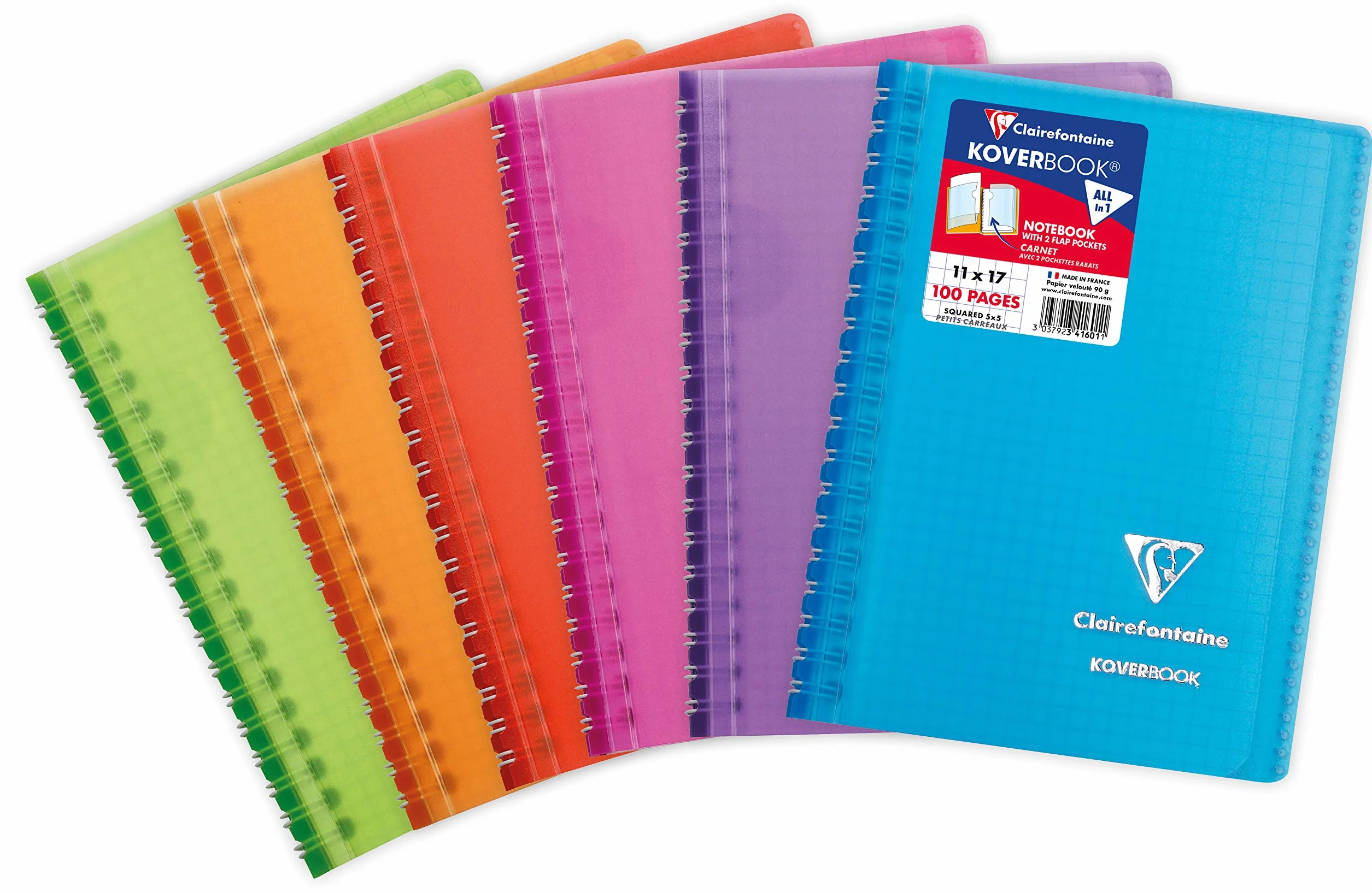 Clairefontaine 341601C Koverbook Carnet à Spirale 11x17 cm 100 Pages Petits Carreaux Papier Blanc 90 g Couverture Enveloppante Polypro