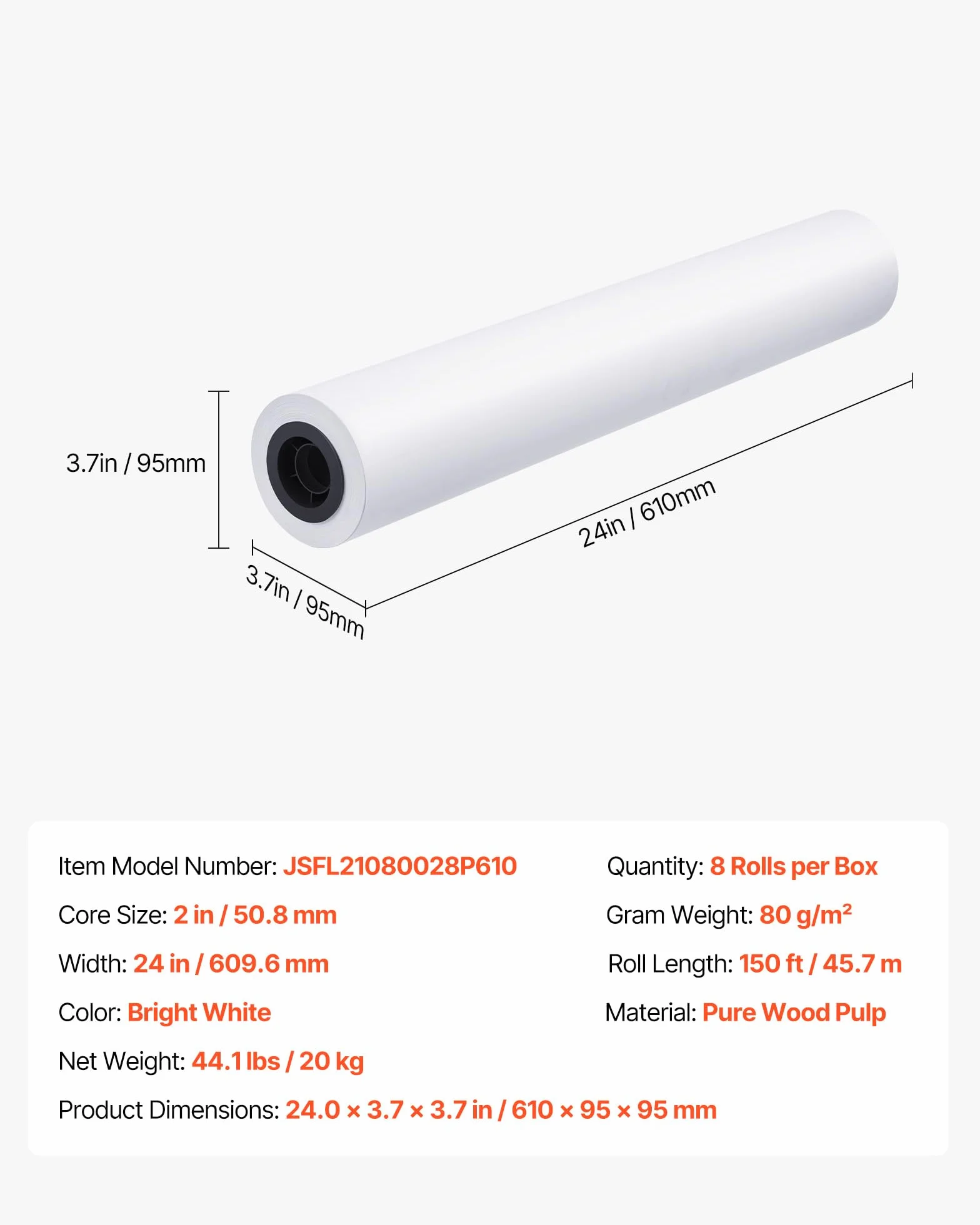 VEVOR Rouleau de papier à dessin blanc grand format 609,6 mm x 45,7 m lot de 8 rouleaux pour traceur CAO